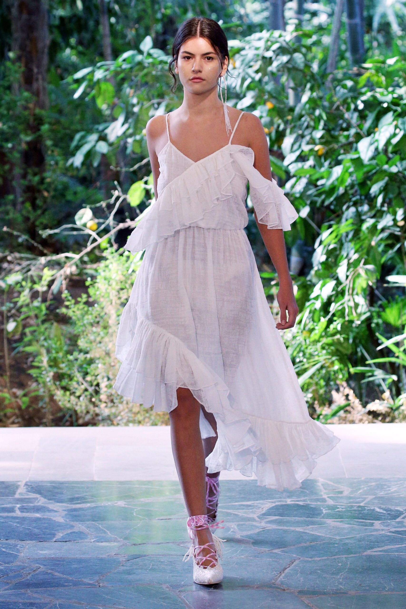 white ruffled midi dress