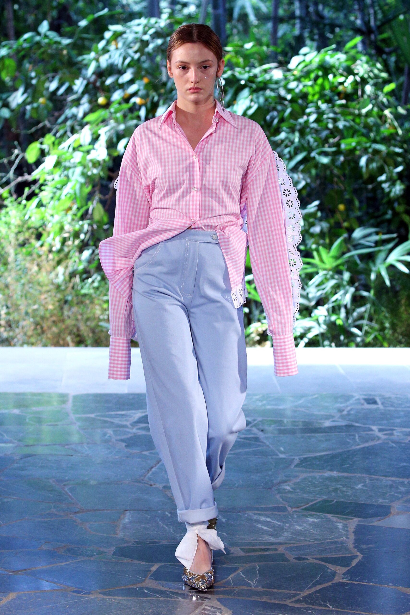 pink checked shirt with blue pants
