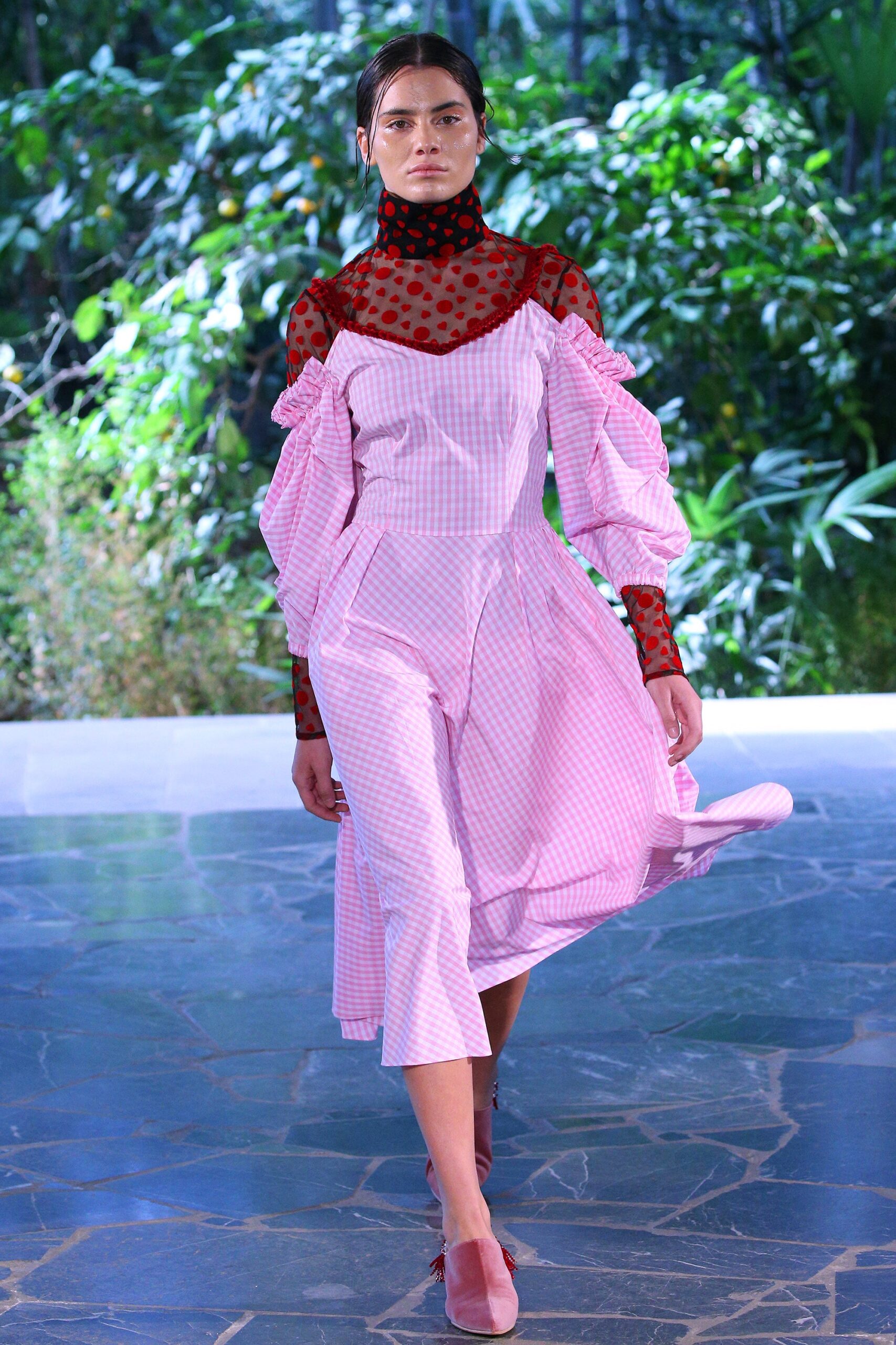 pink ruffled midi dress