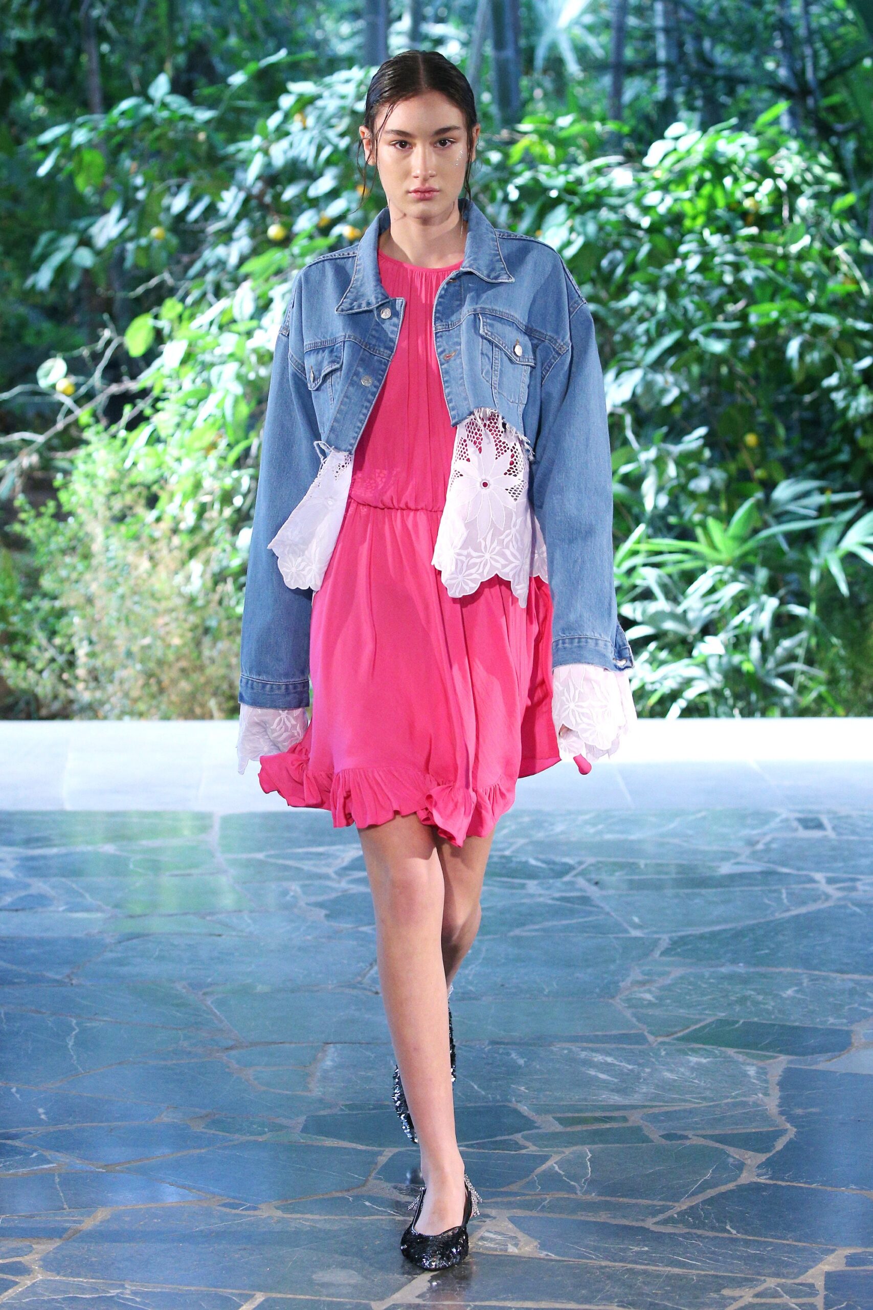 pink mini dress with oversized denim jacket