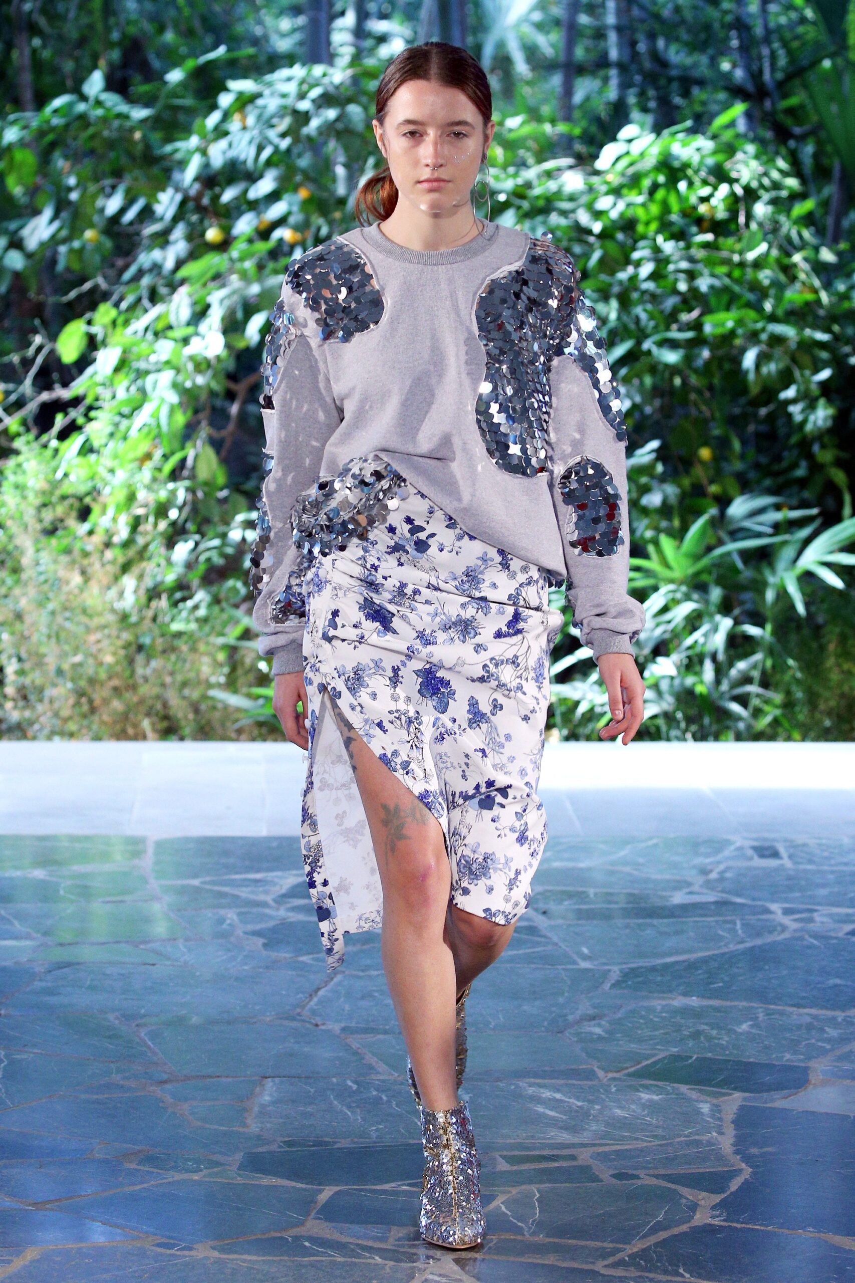 gray sequined sweater with floral skirt