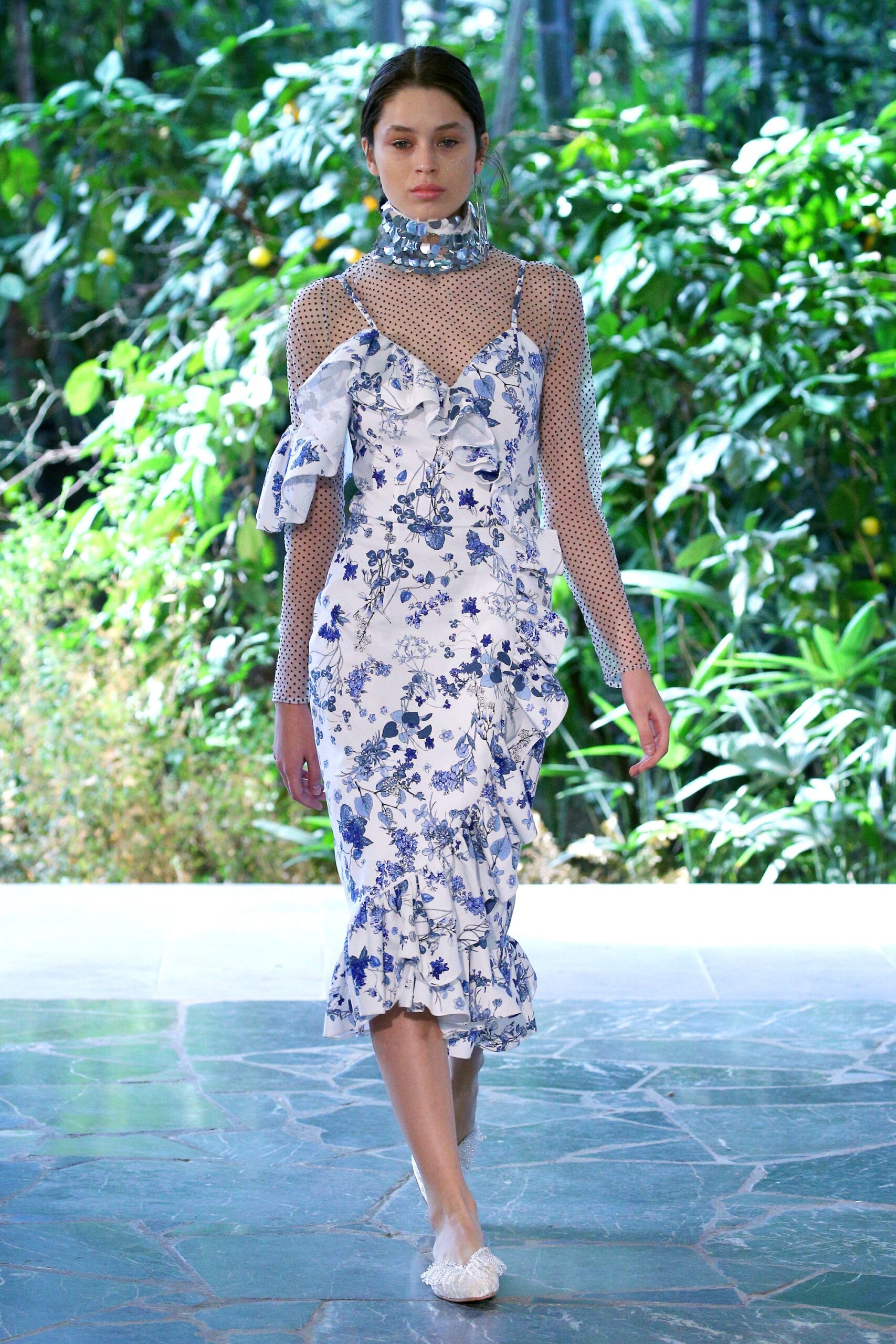 blue and white floral midi dress with mesh scarf