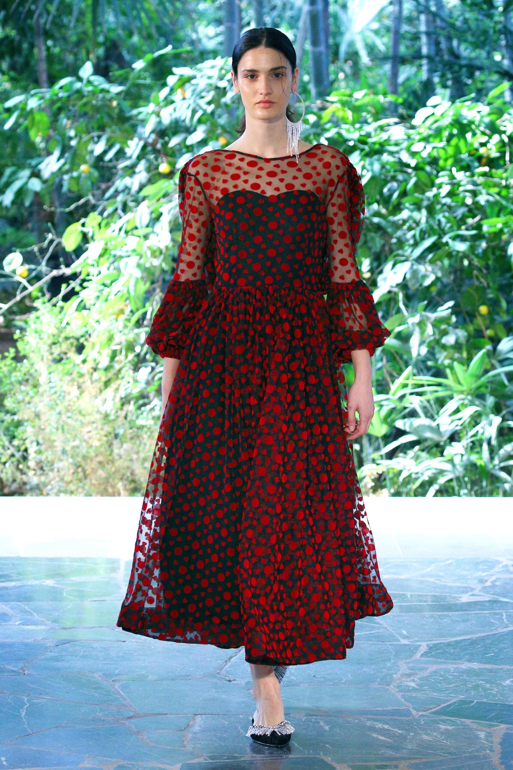 red and black polka-dot midi dress