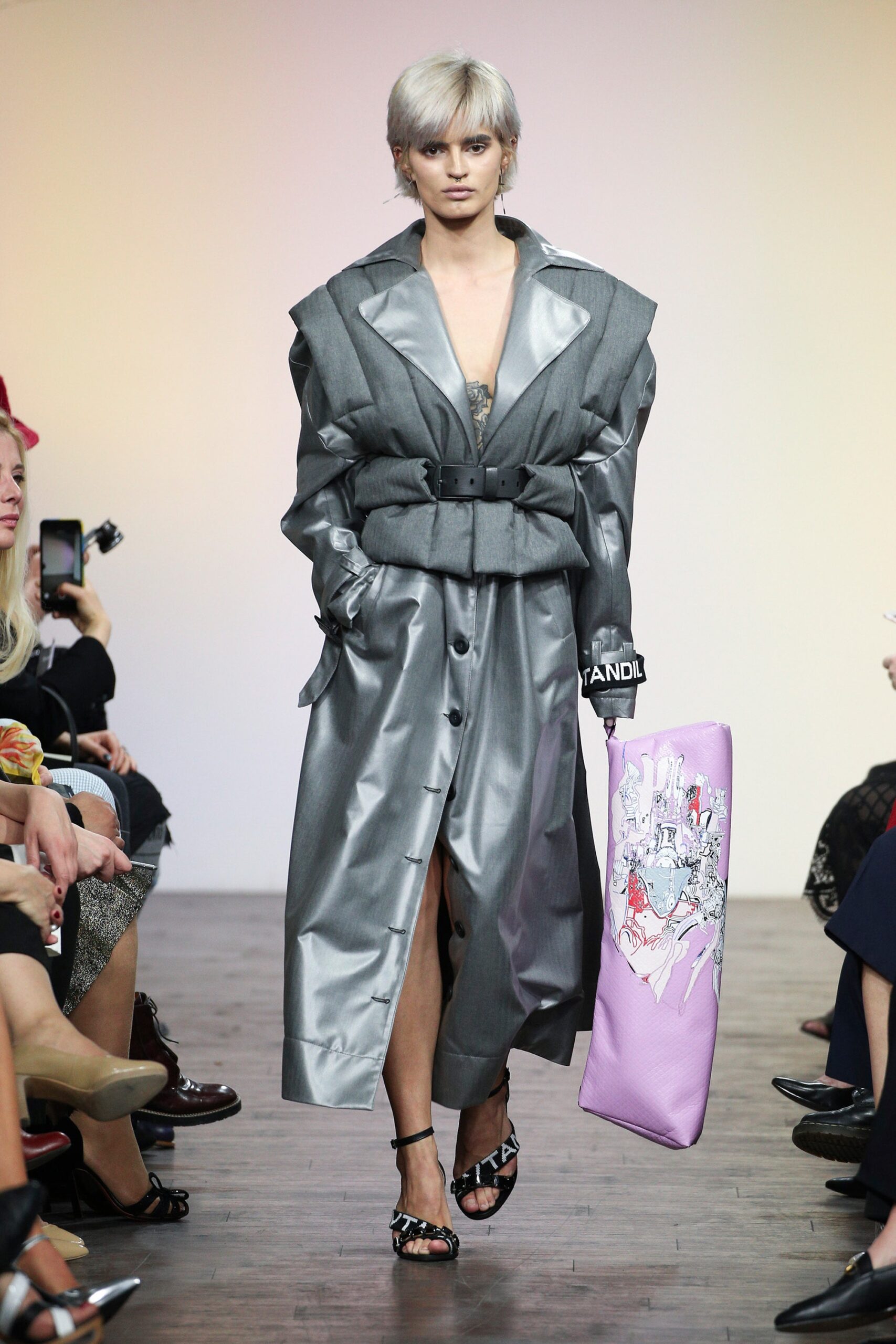 gray silk belted coat