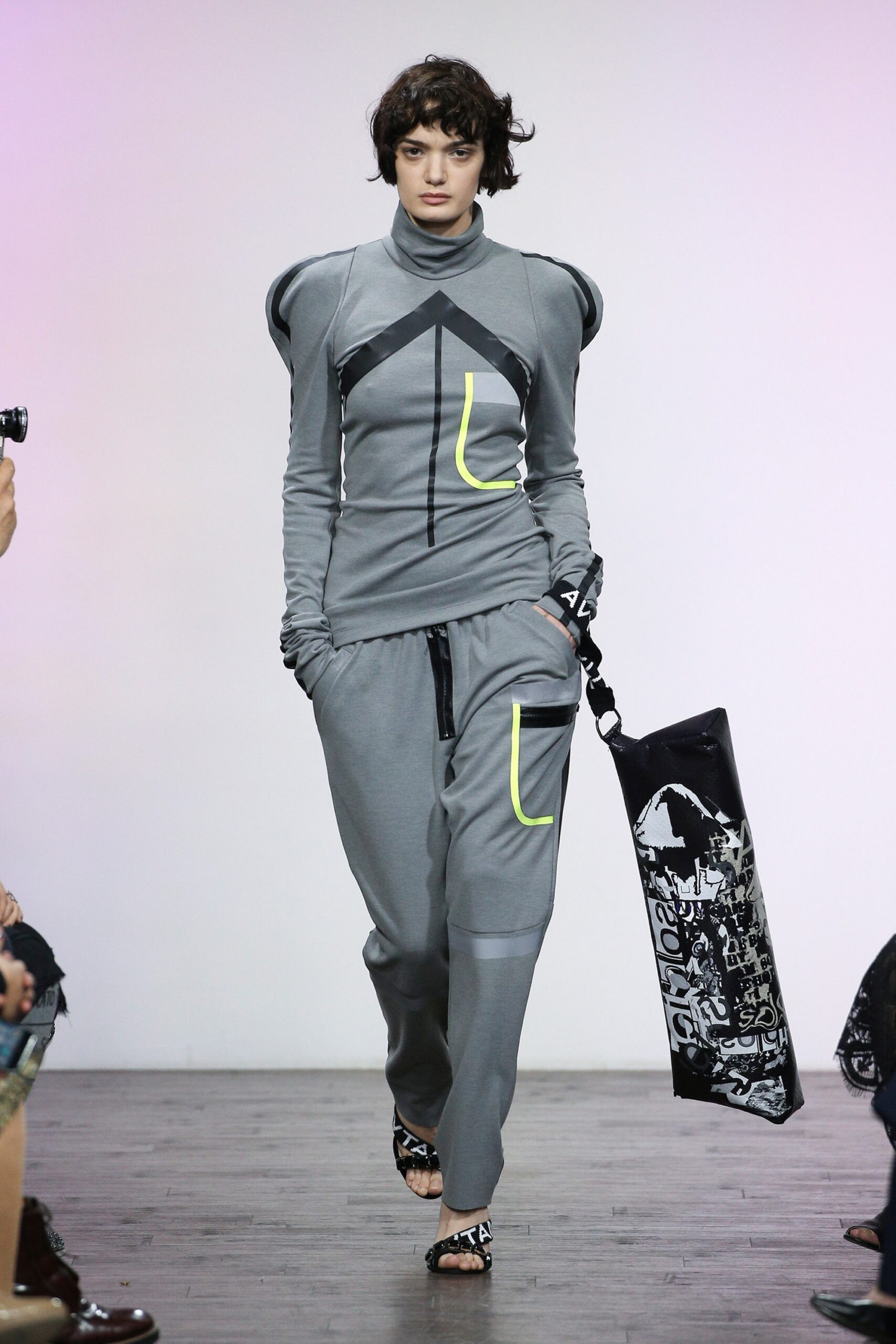 gray cotton long-sleeve high-neck fitted zippered top