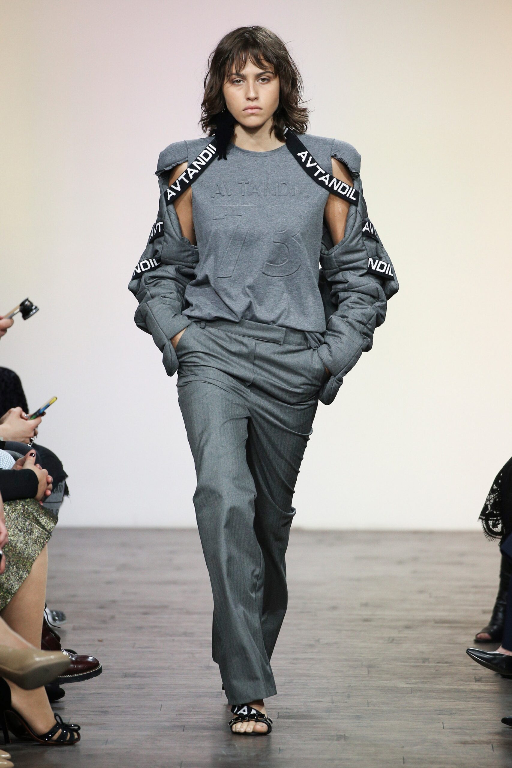 gray cotton long-sleeve collared relaxed printed top