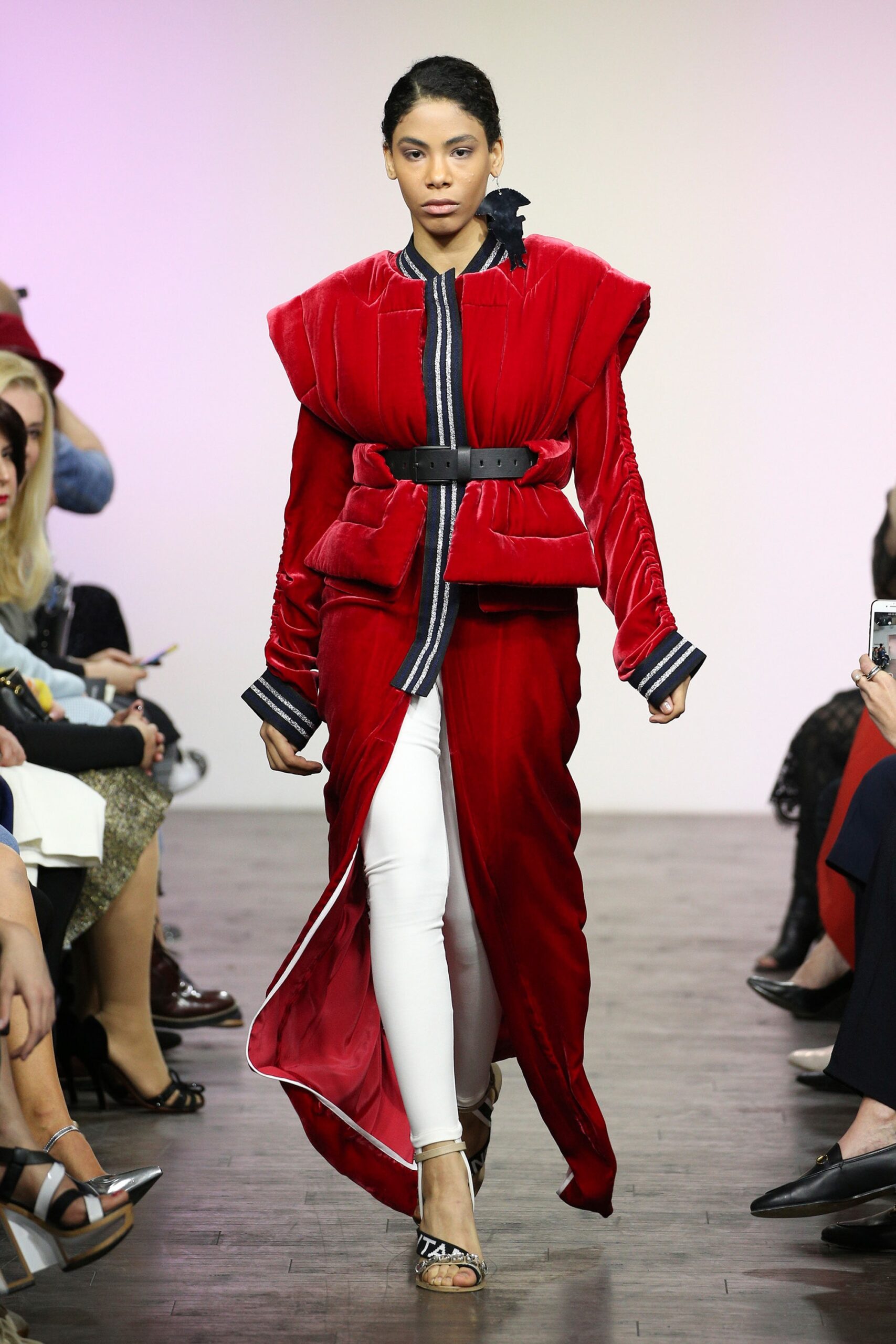 red velvet long-sleeve collared fitted belted draped coat