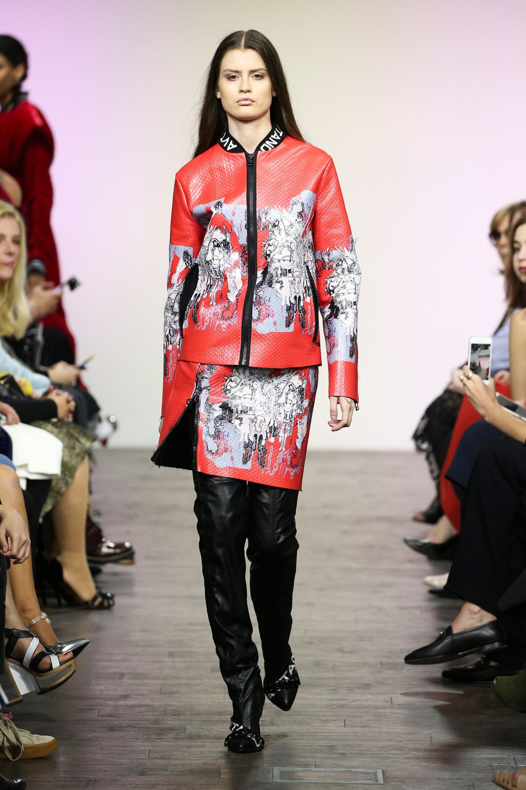 fitted red leather jacket and skirt