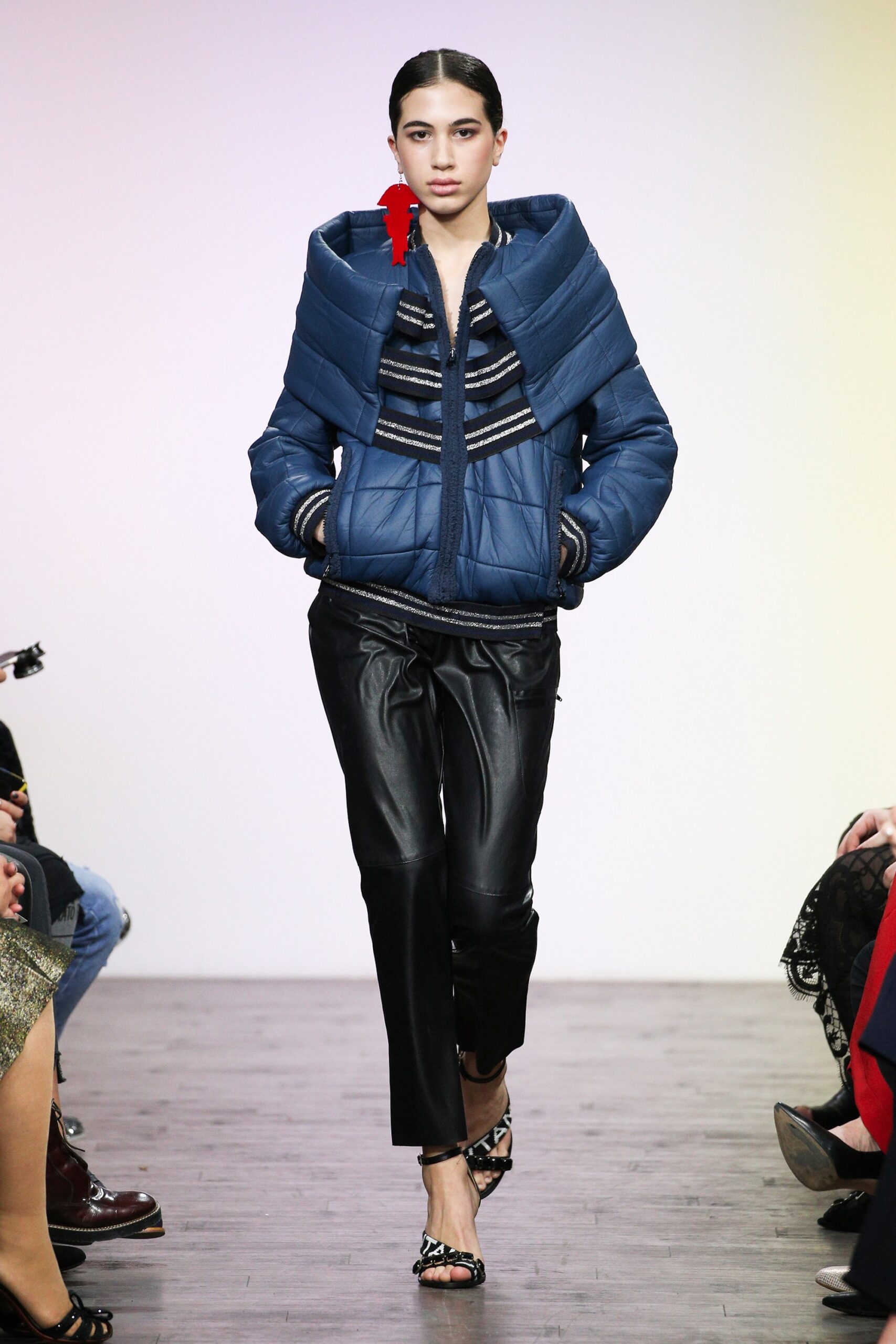 blue cotton long-sleeve collared fitted zippered padded jacket