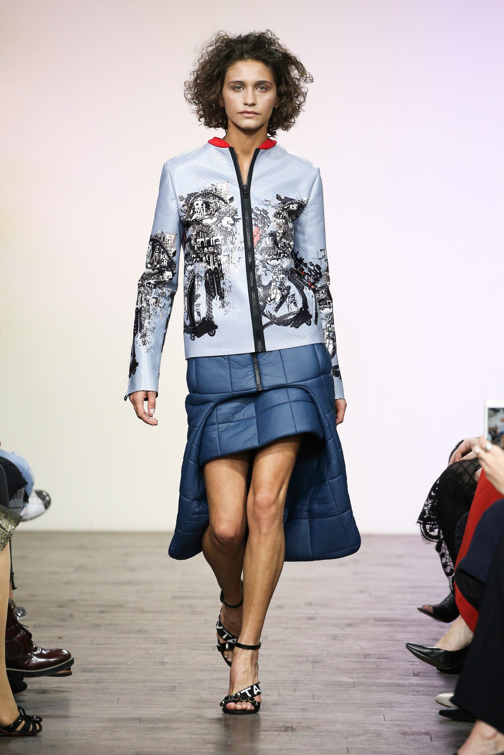 blue cotton long-sleeve collared fitted printed zippered jacket