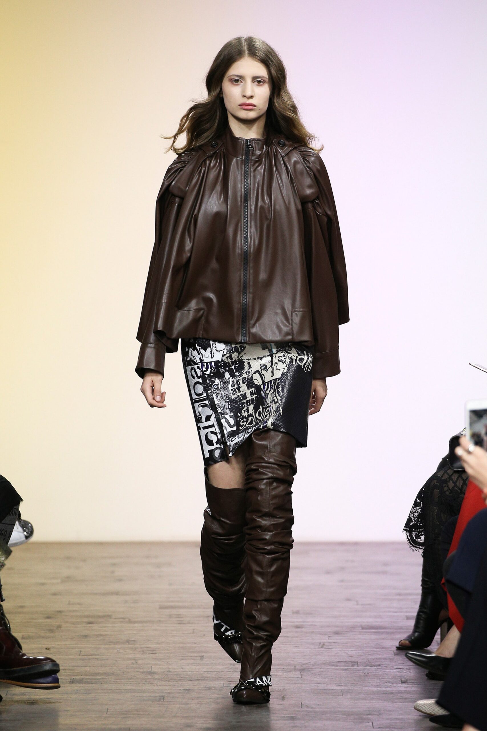 brown leather long-sleeve collared oversized zippered draped jacket
