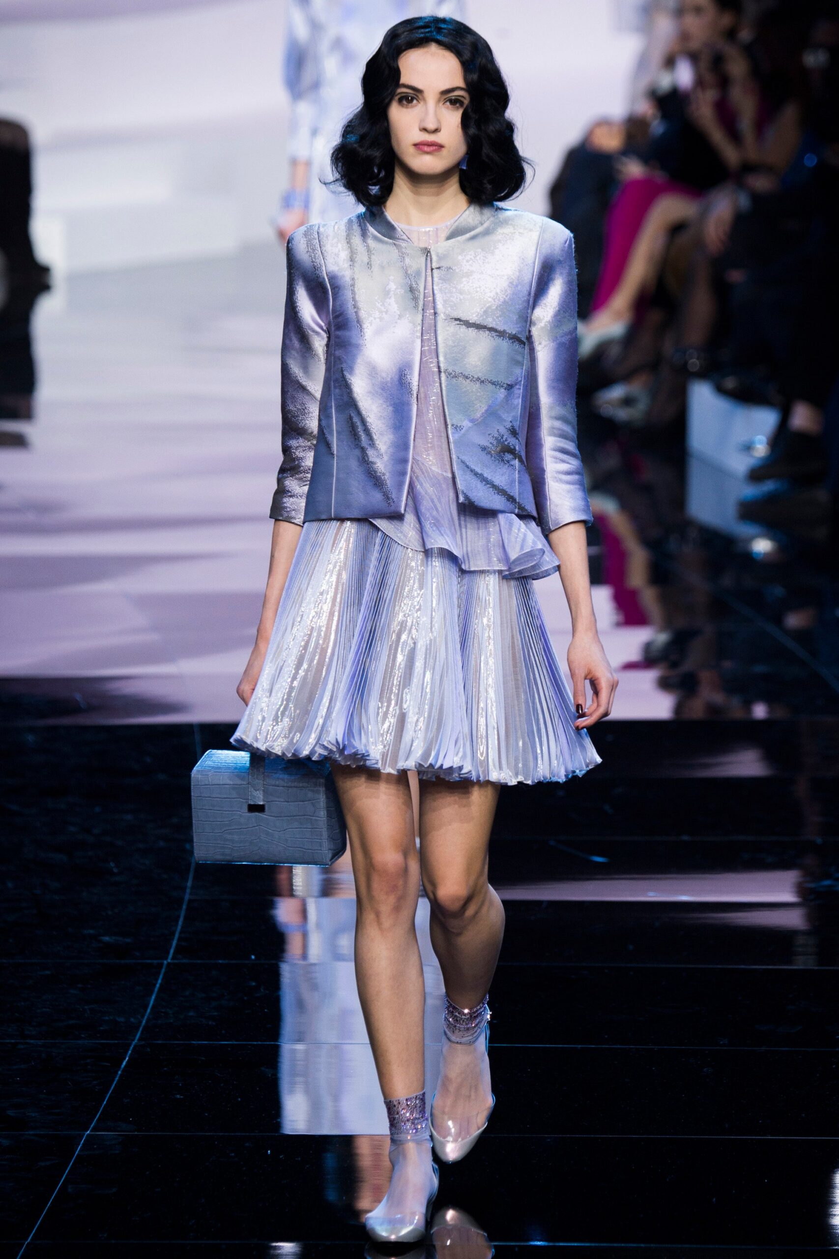 purple silk short-sleeve collared fitted layered shiny jacket