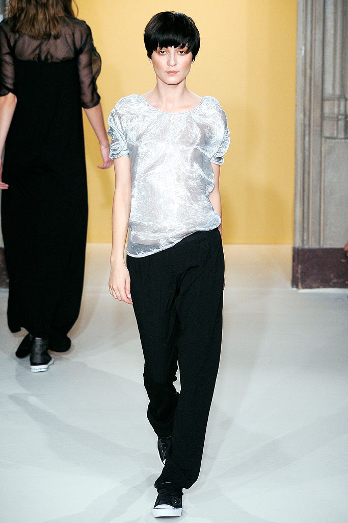 gray silk short-sleeve scoop-neck relaxed draped shiny top