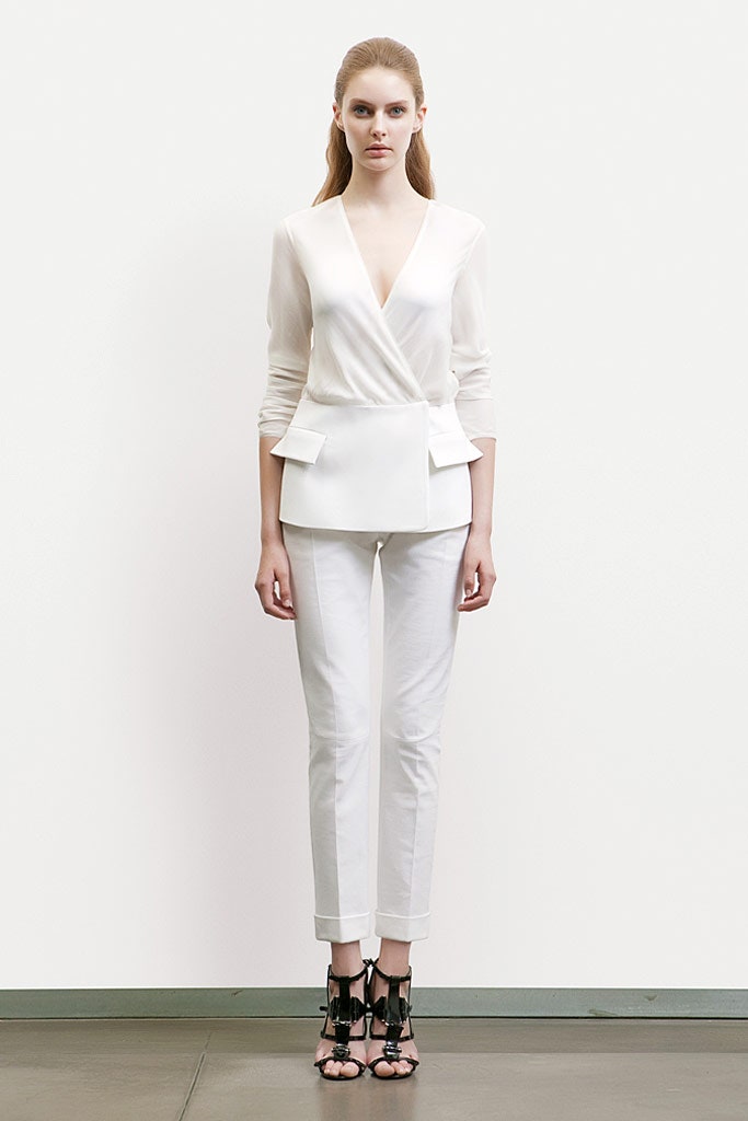 white silk blouse with tailored pants