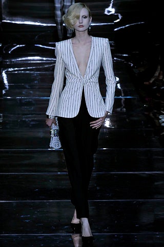 white silk long-sleeve v-neck tailored striped buttoned blazer