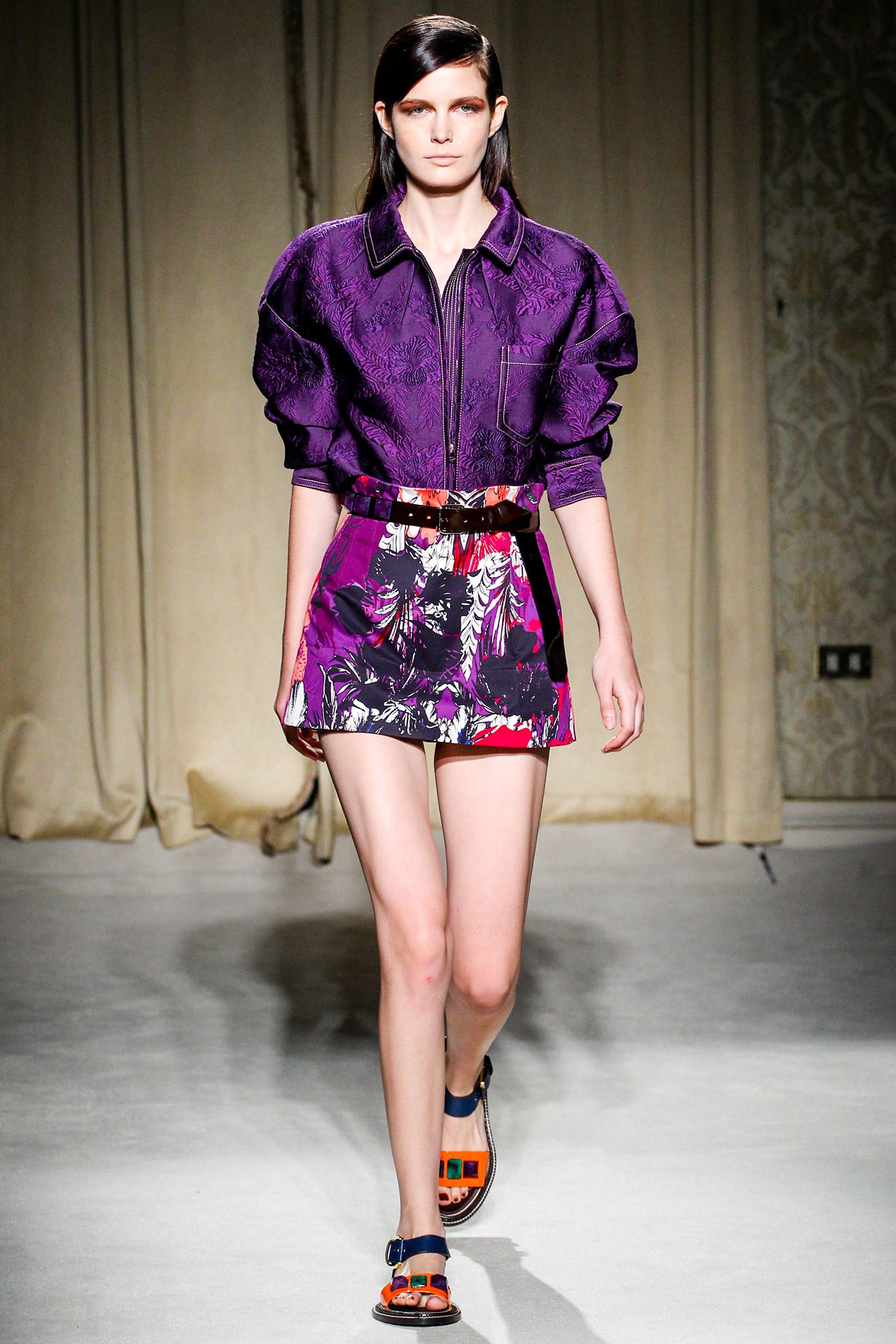 purple silk long-sleeve collared relaxed embroidered blouse