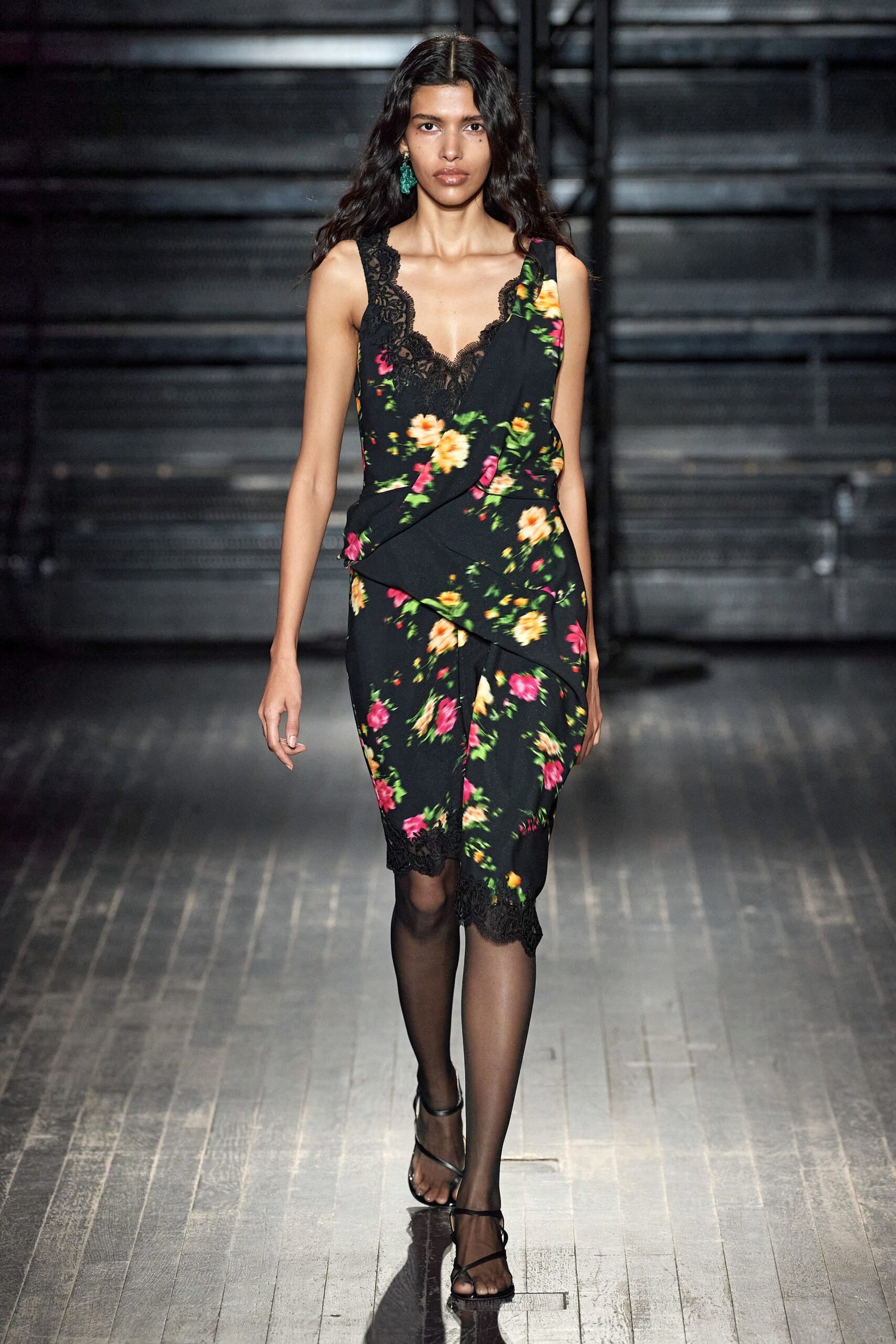 black silk sleeveless v-neck fitted floral ruched dress