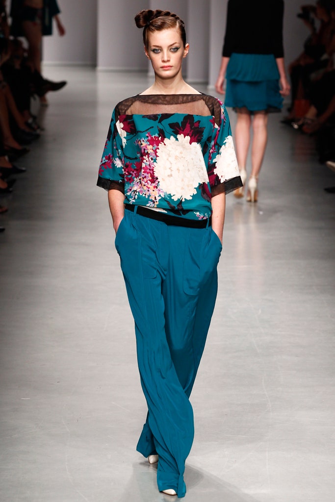 floral silk top with teal pants