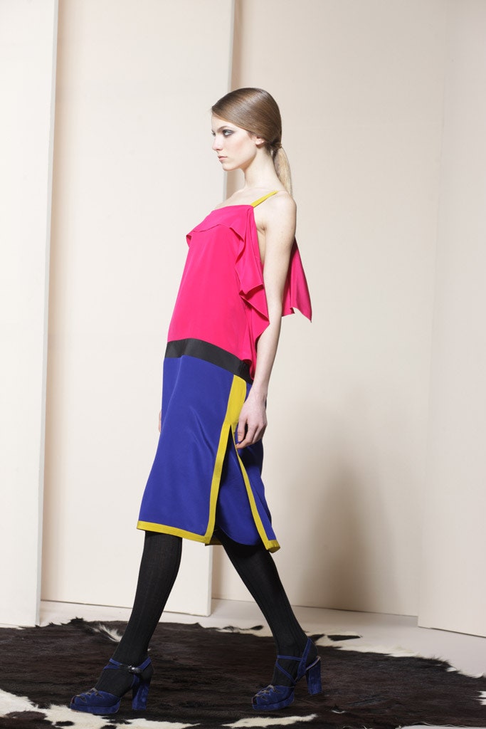 pink blue yellow color-blocked dress