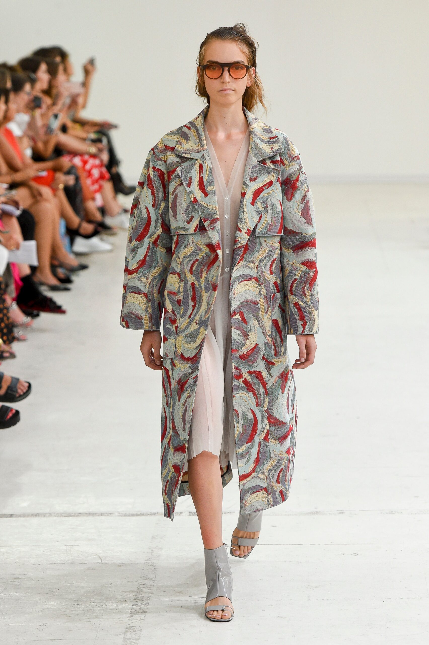 multi cotton long-sleeve collared relaxed layered printed coat