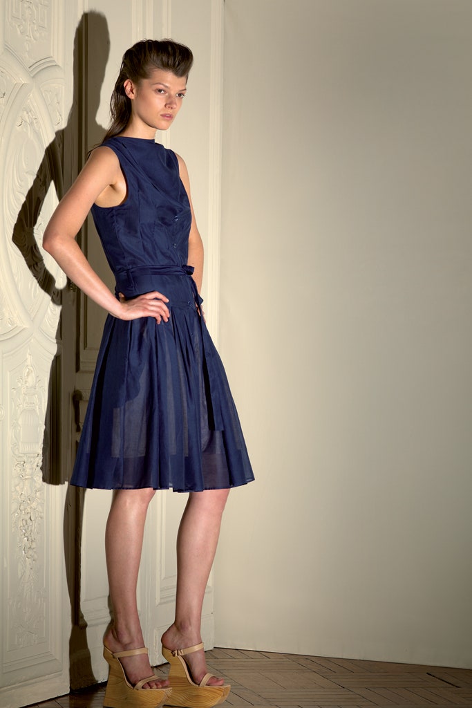 blue cotton sleeveless high-neck fitted a-line belted dress