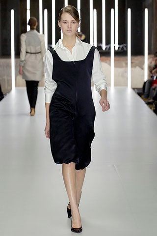 black silk midi dress with white shirt