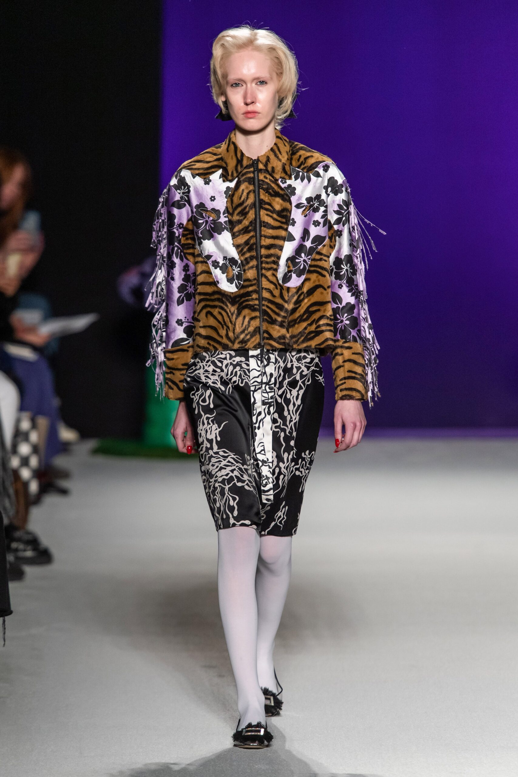 fitted faux-fur jacket with pencil skirt