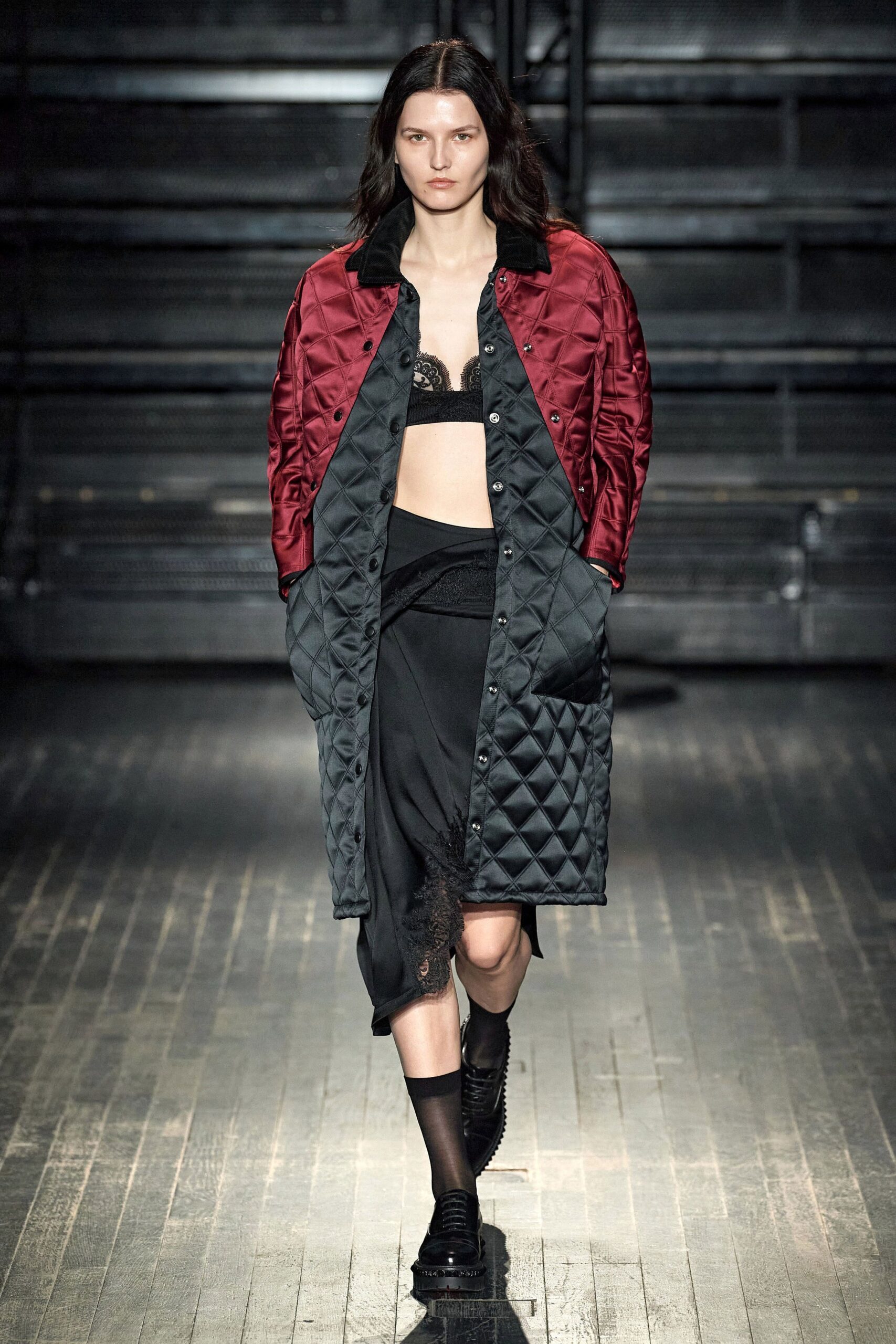 black silk long-sleeve collared relaxed quilted coat