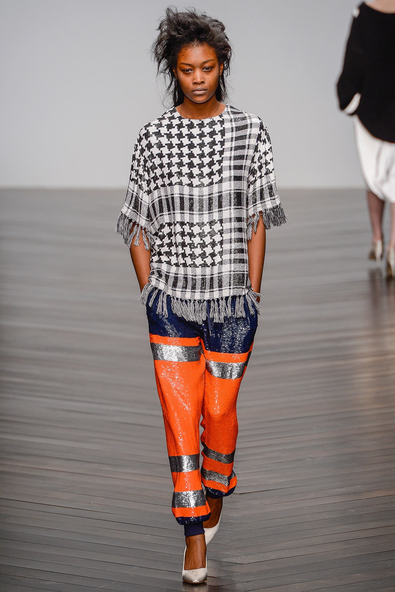 orange silk relaxed striped sequined shiny pants