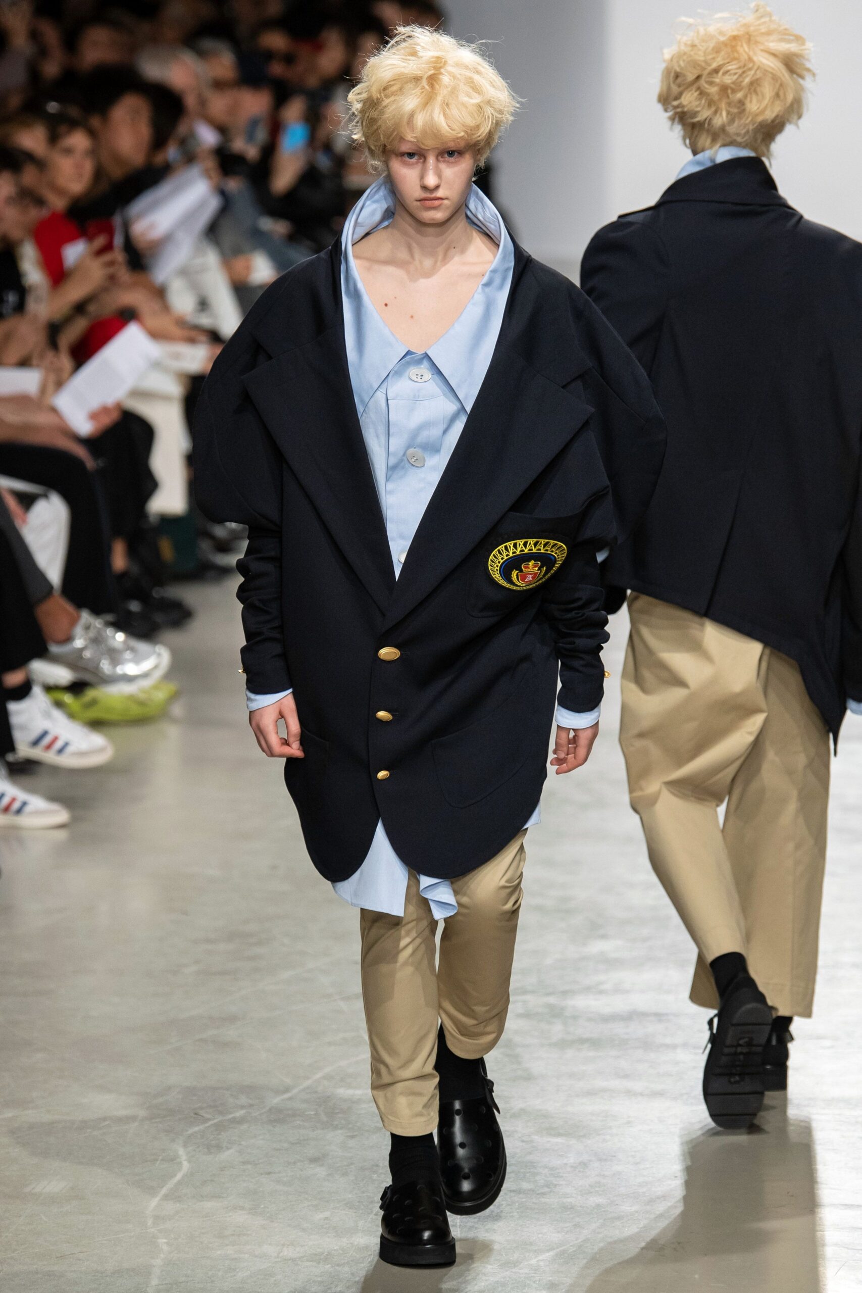 oversized black jacket with blue shirt