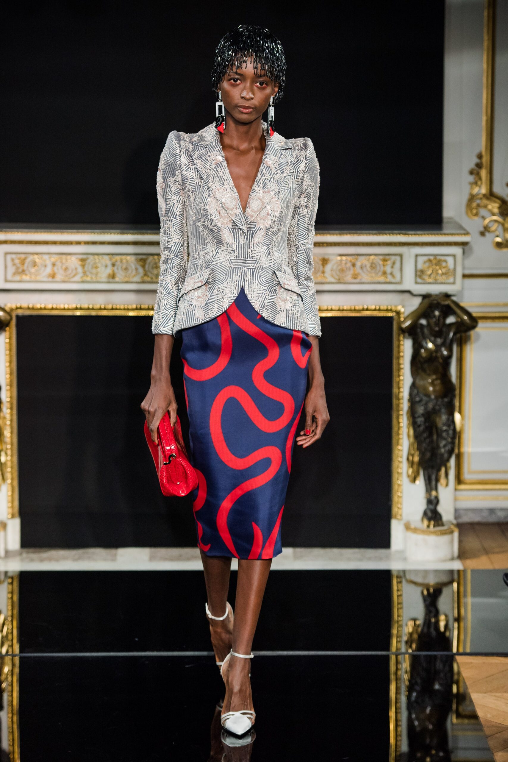 embroidered blazer and pencil skirt
