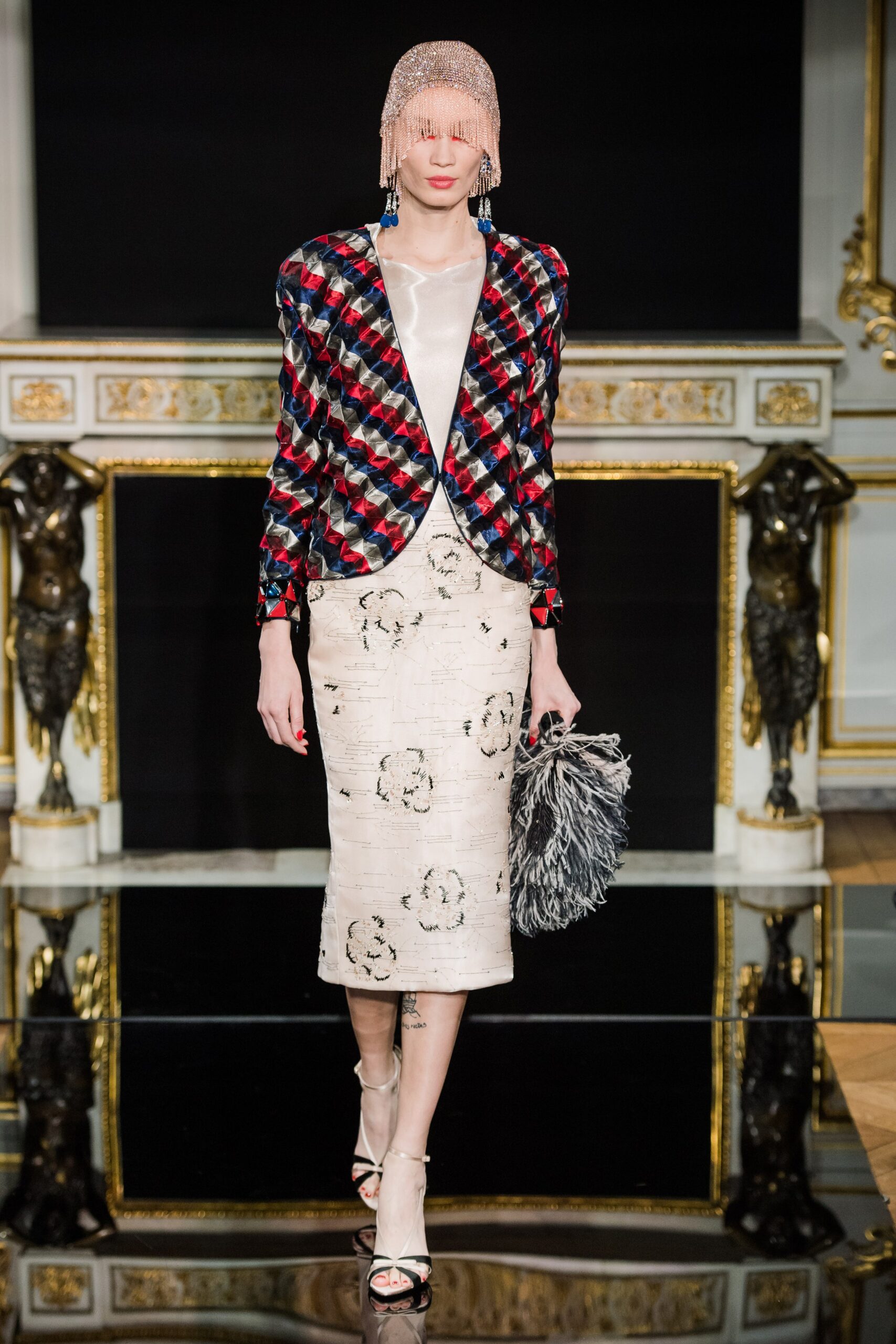 tailored color-blocked jacket with pencil skirt