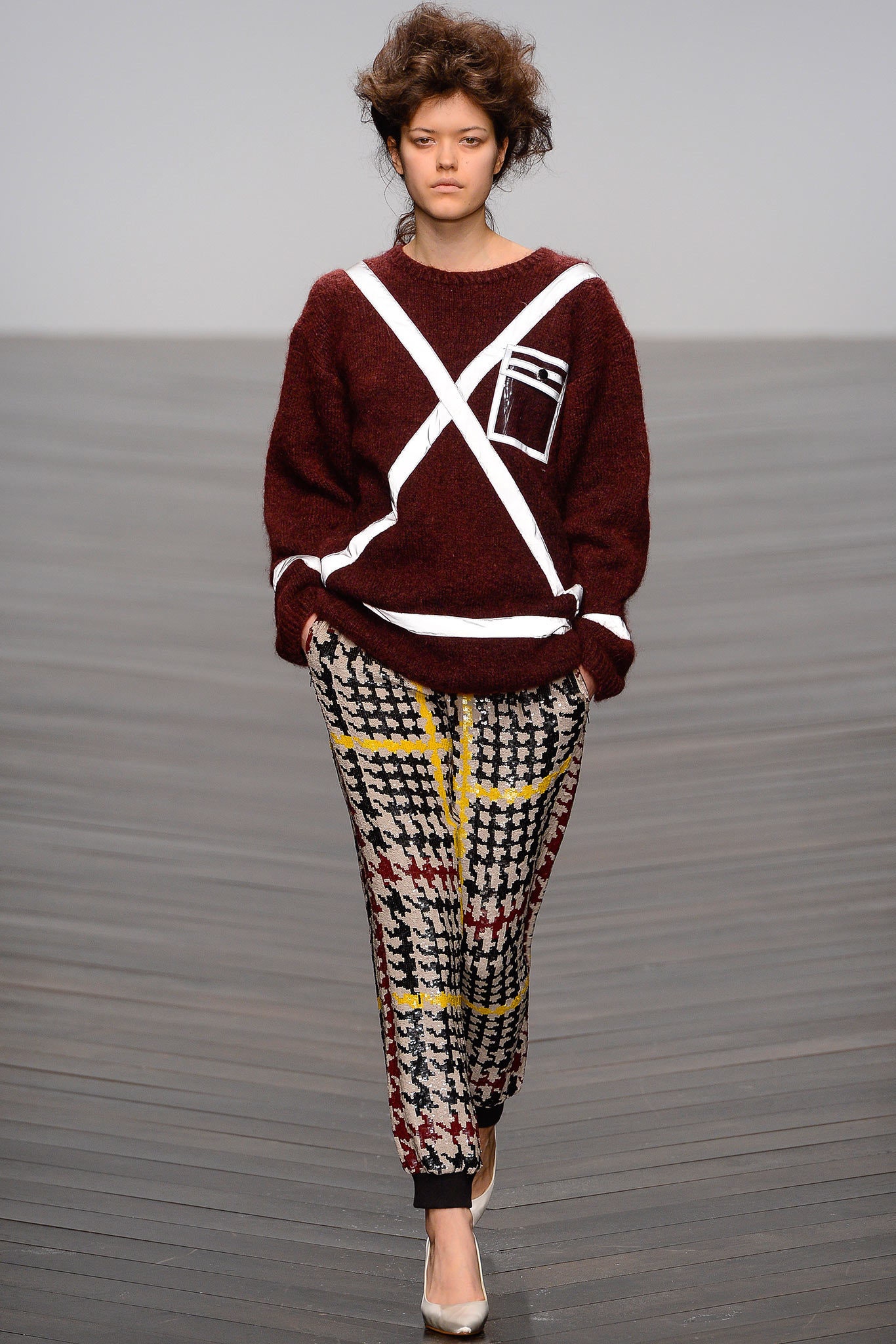 red wool long-sleeve collared relaxed striped sweater