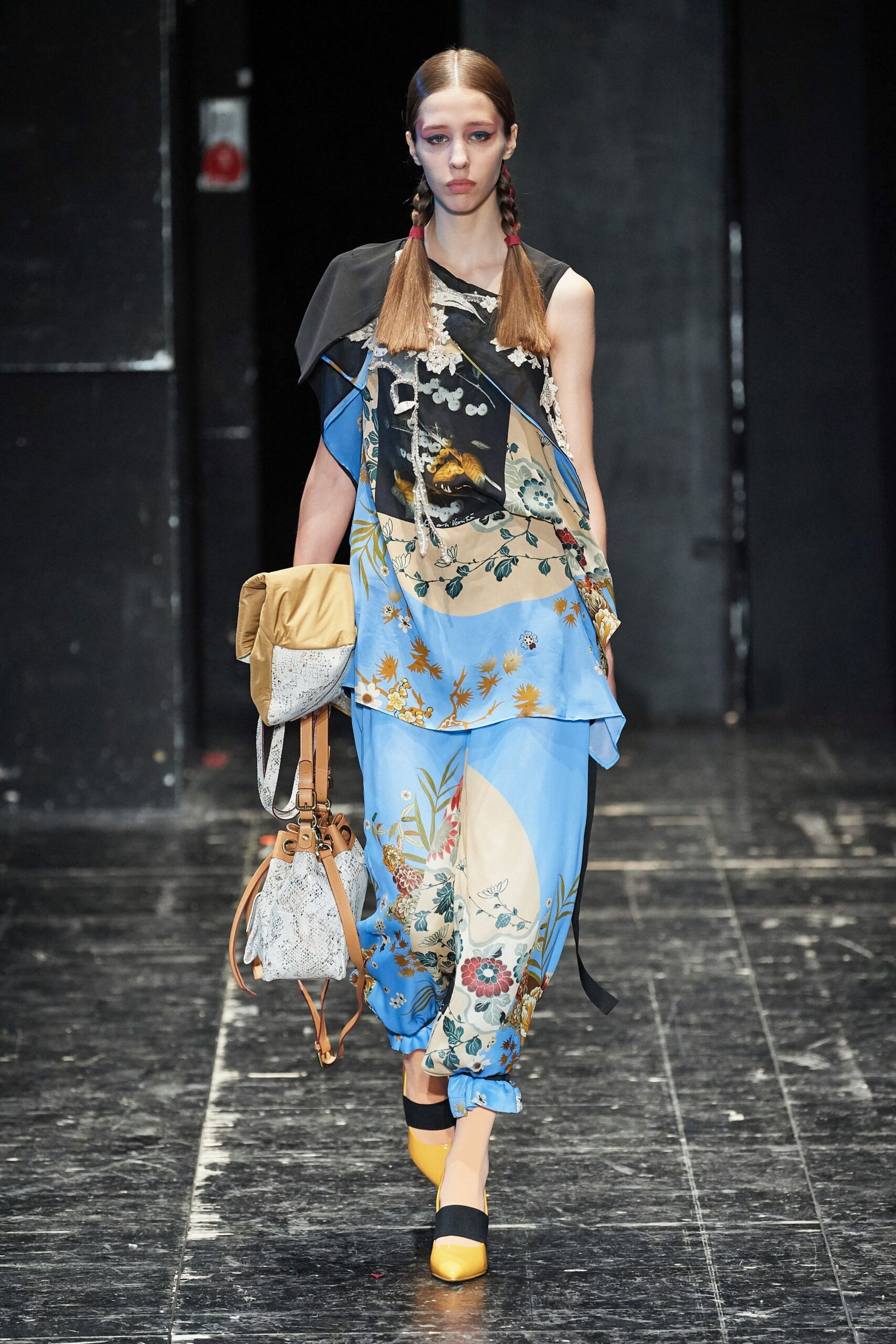 blue silk sleeveless asymmetric relaxed printed top