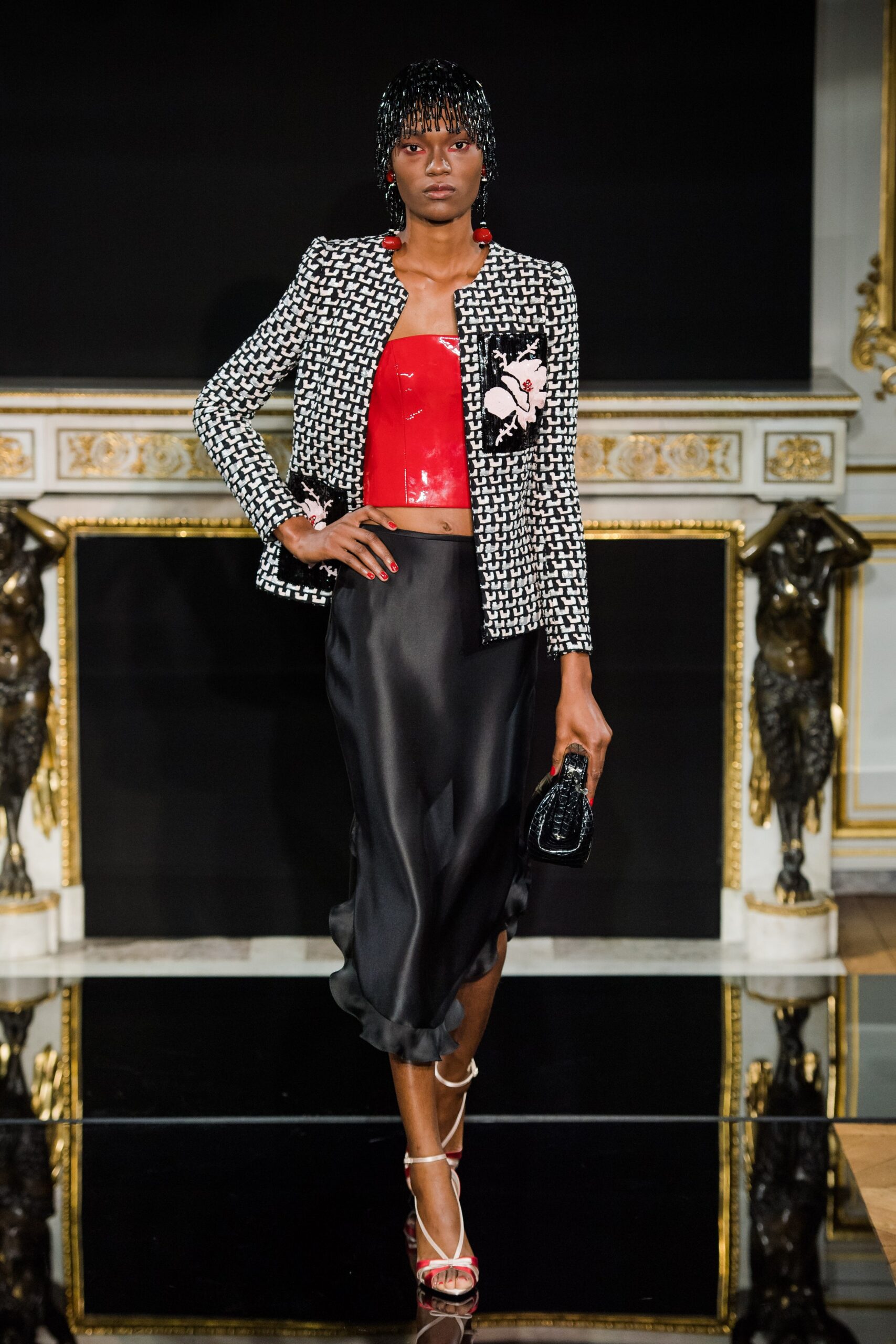 fitted jacket and midi skirt ensemble