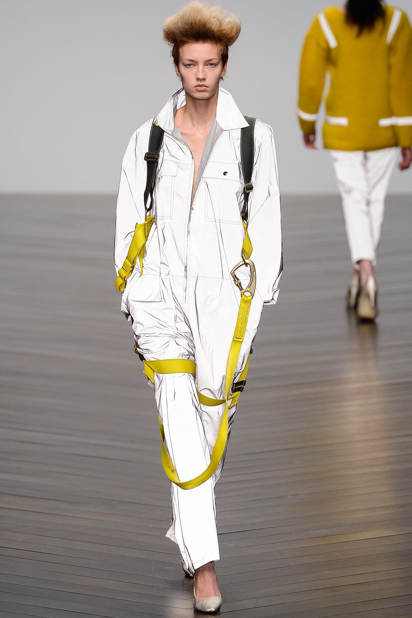 white fitted jumpsuit with yellow details