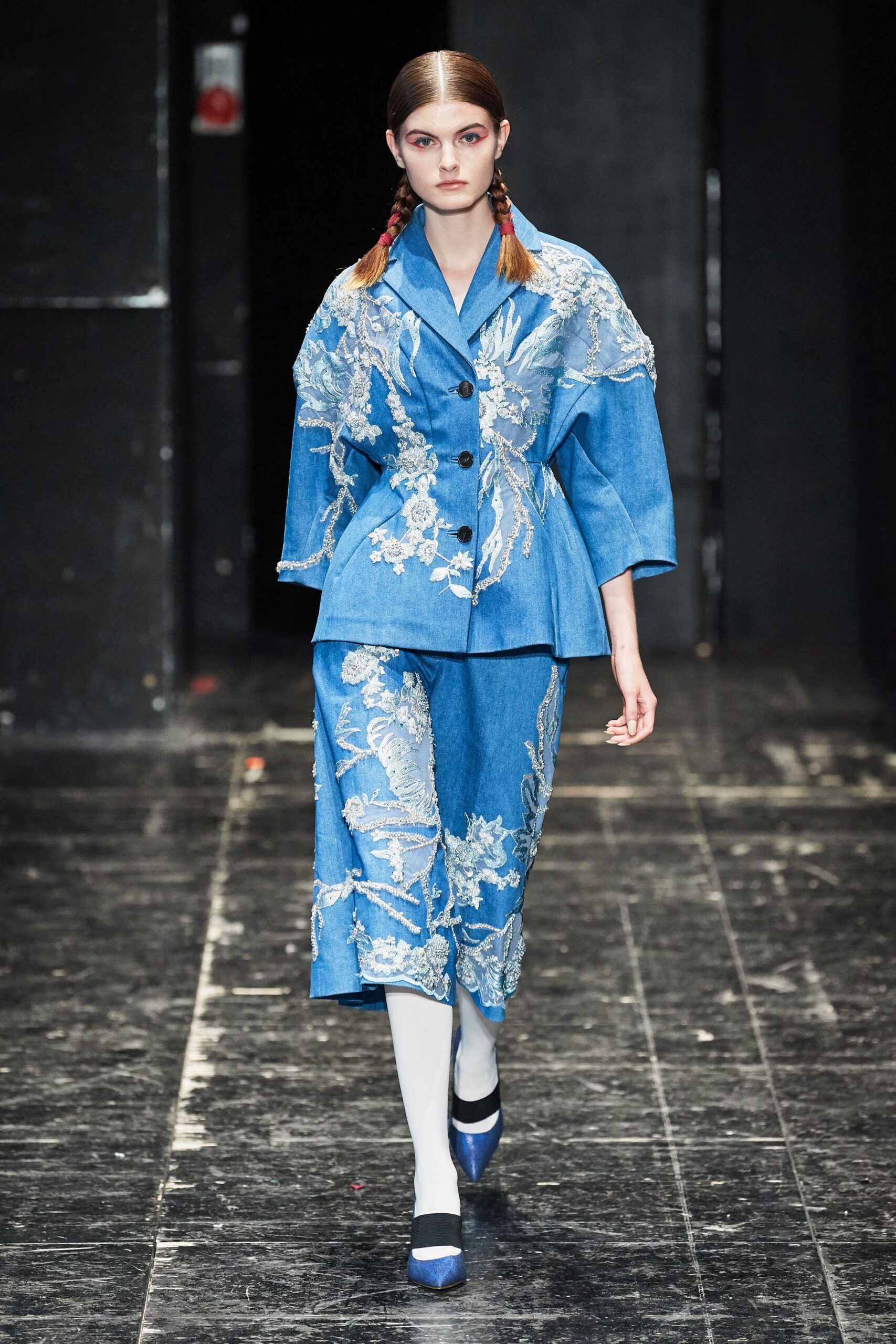 blue denim relaxed embroidered wide-leg pants