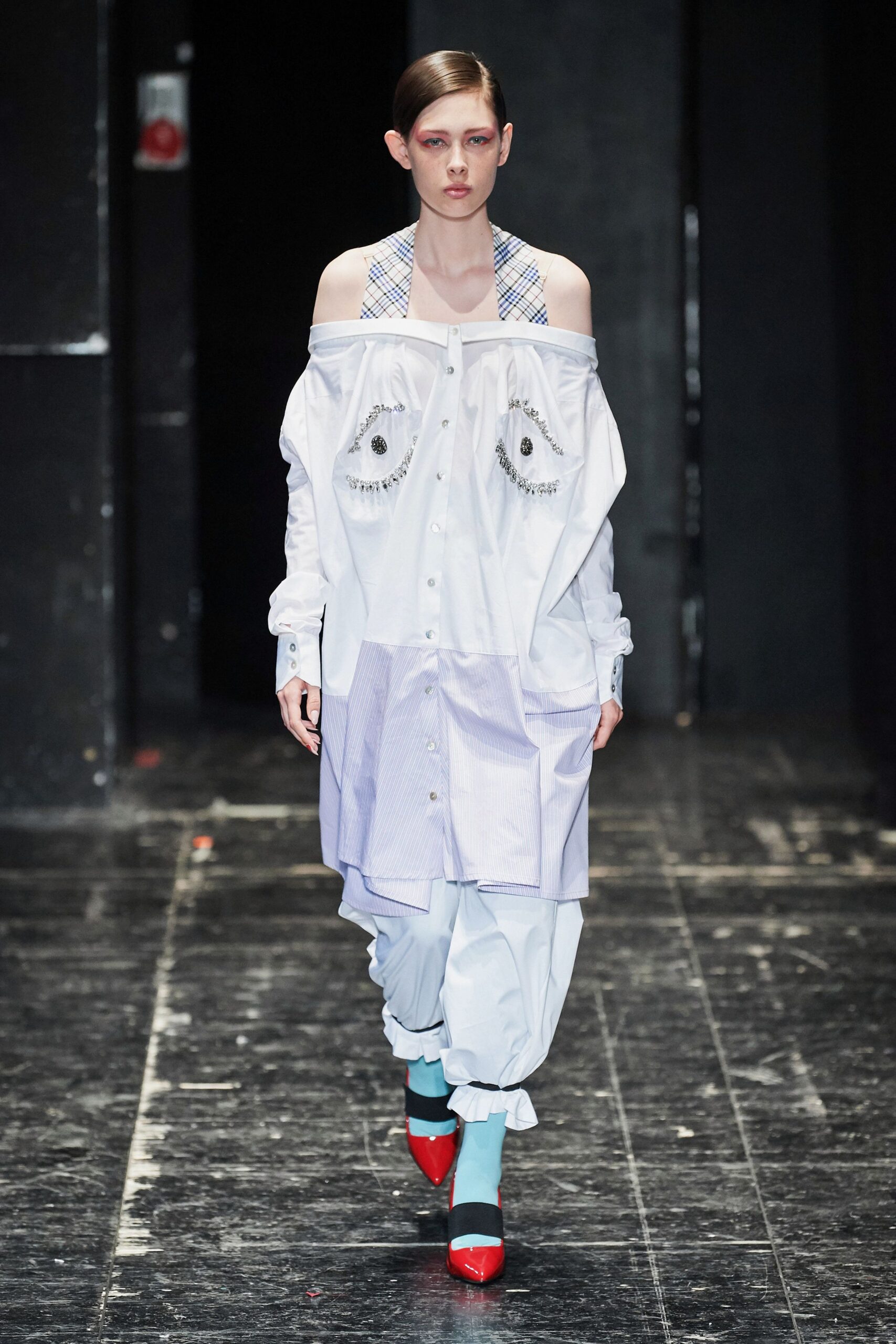 white and blue shirt-dress with relaxed pants