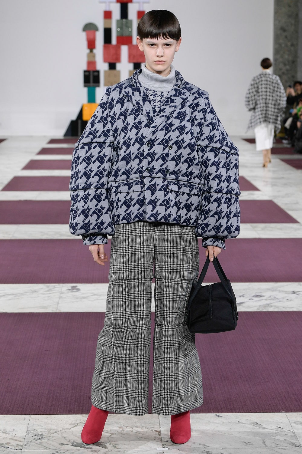 blue cotton long-sleeve collared oversized printed jacket