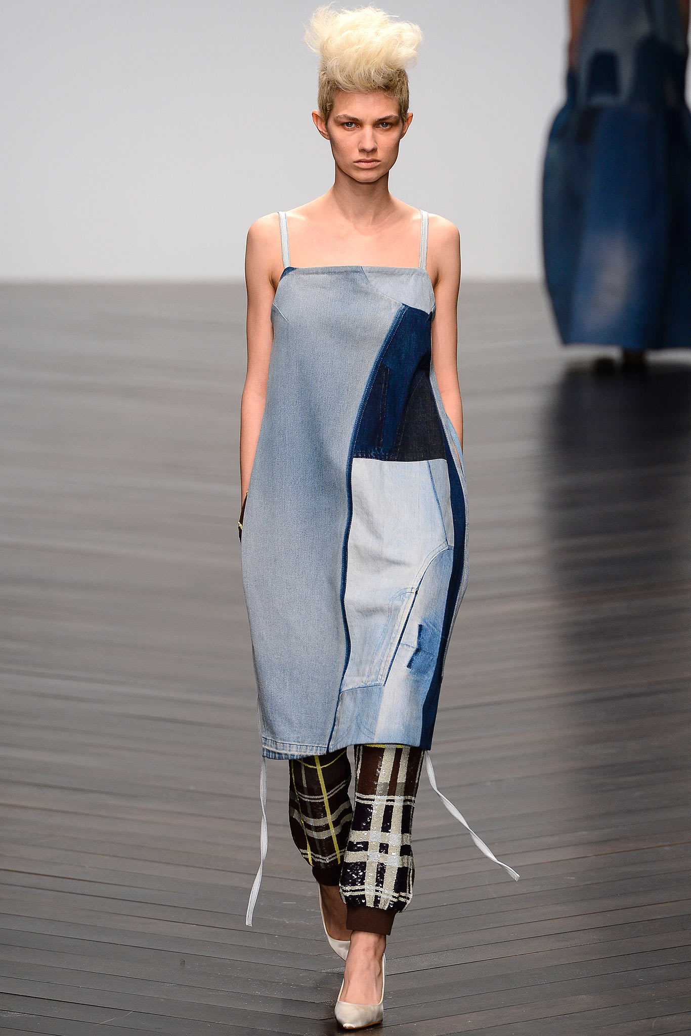 blue denim sleeveless square-neck fitted patchwork midi dress