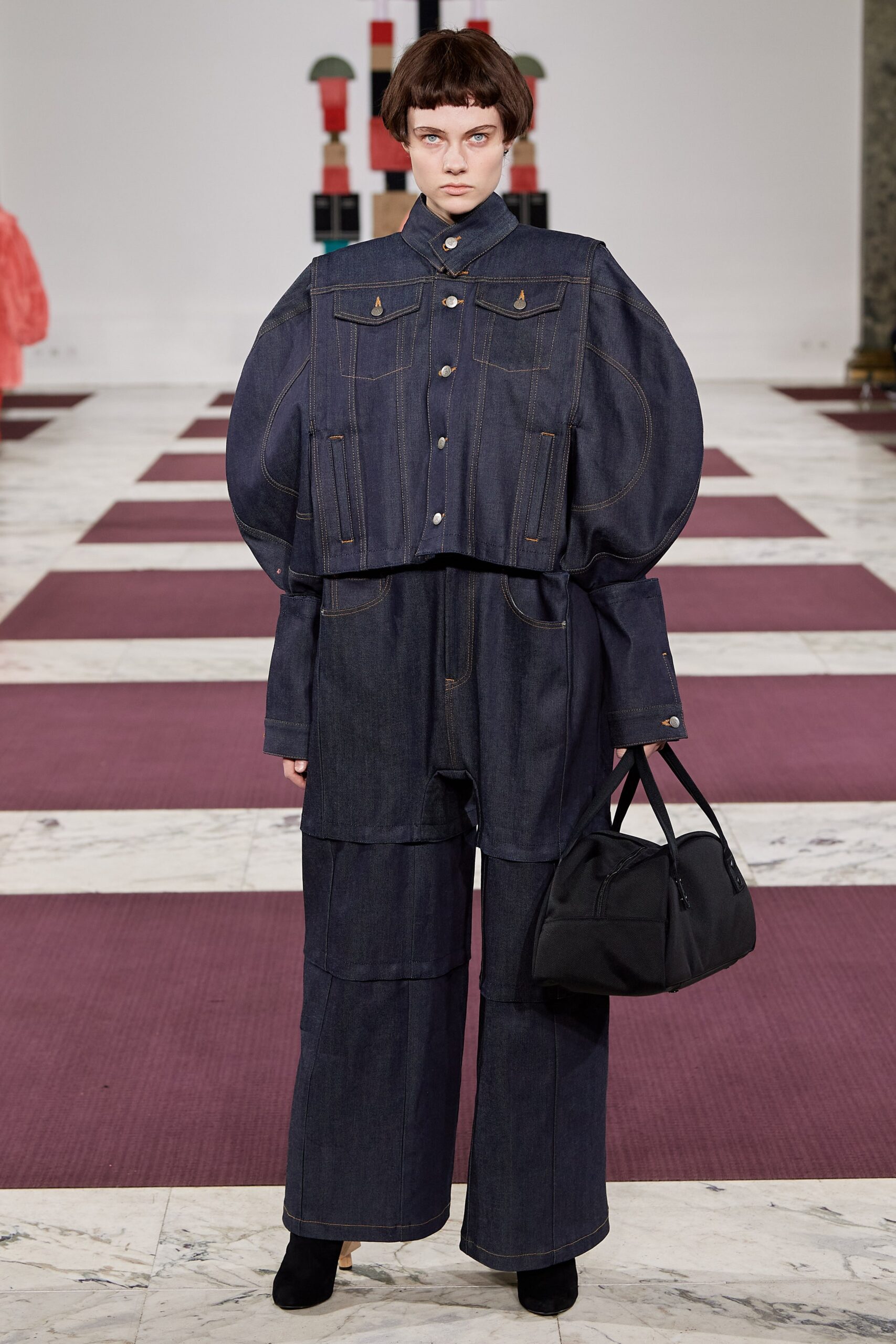 oversized denim jacket and relaxed pants