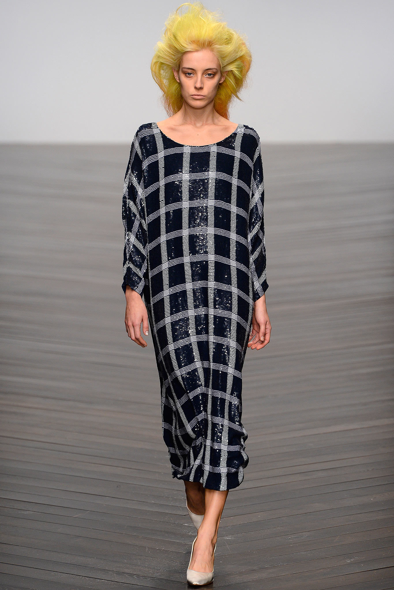 navy and silver checked midi dress