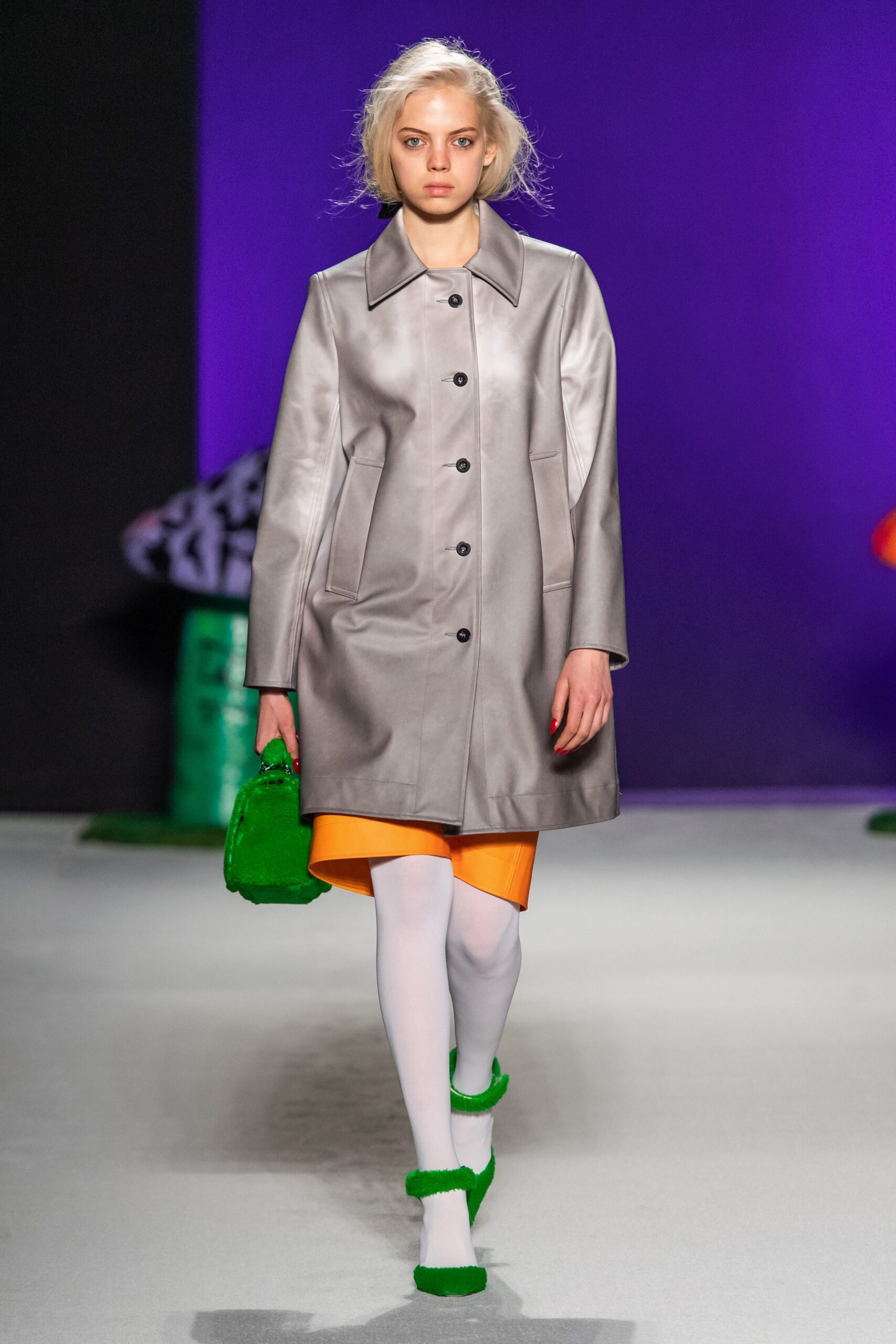gray leather long-sleeve collared fitted buttoned coat