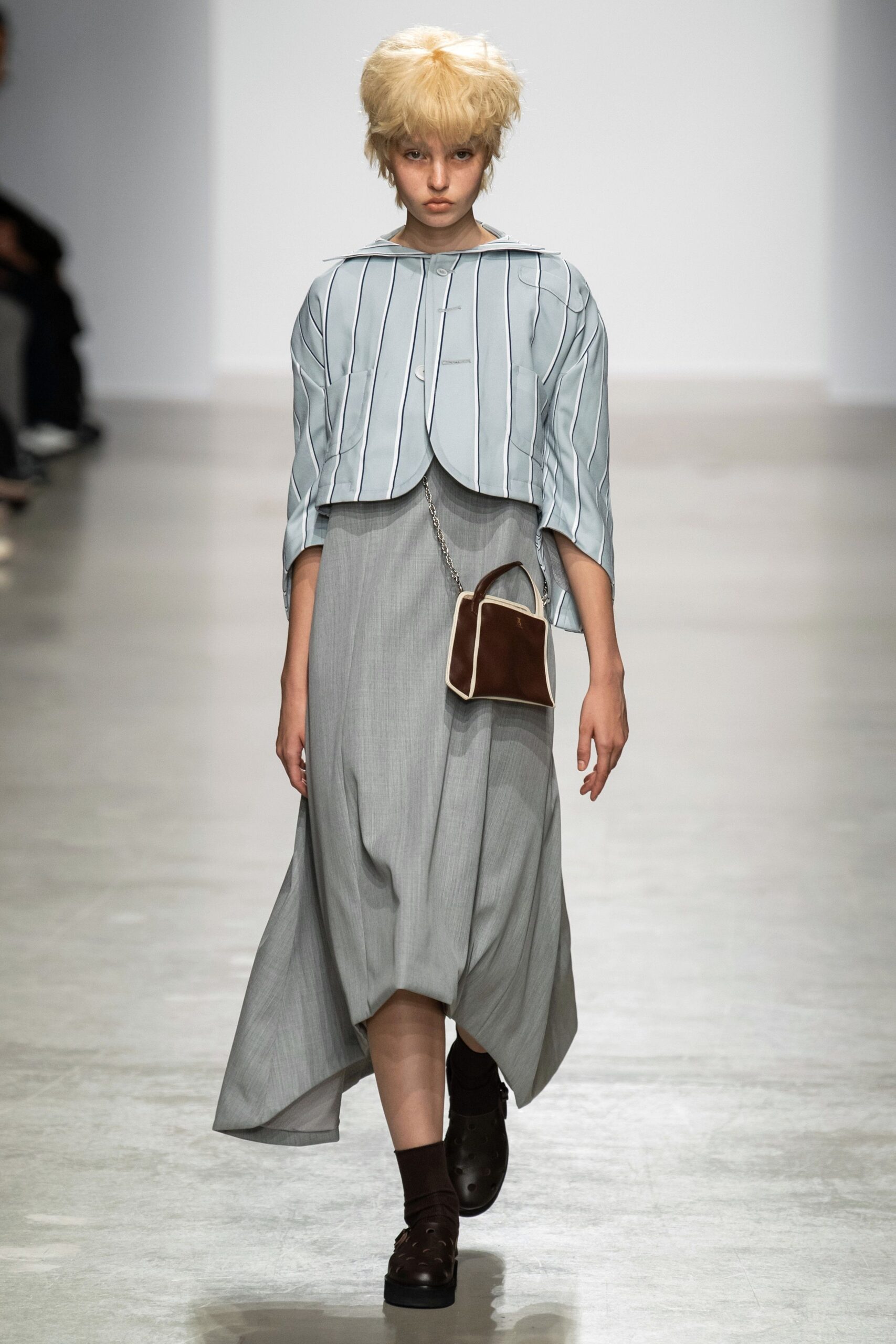 blue striped top gray midi dress