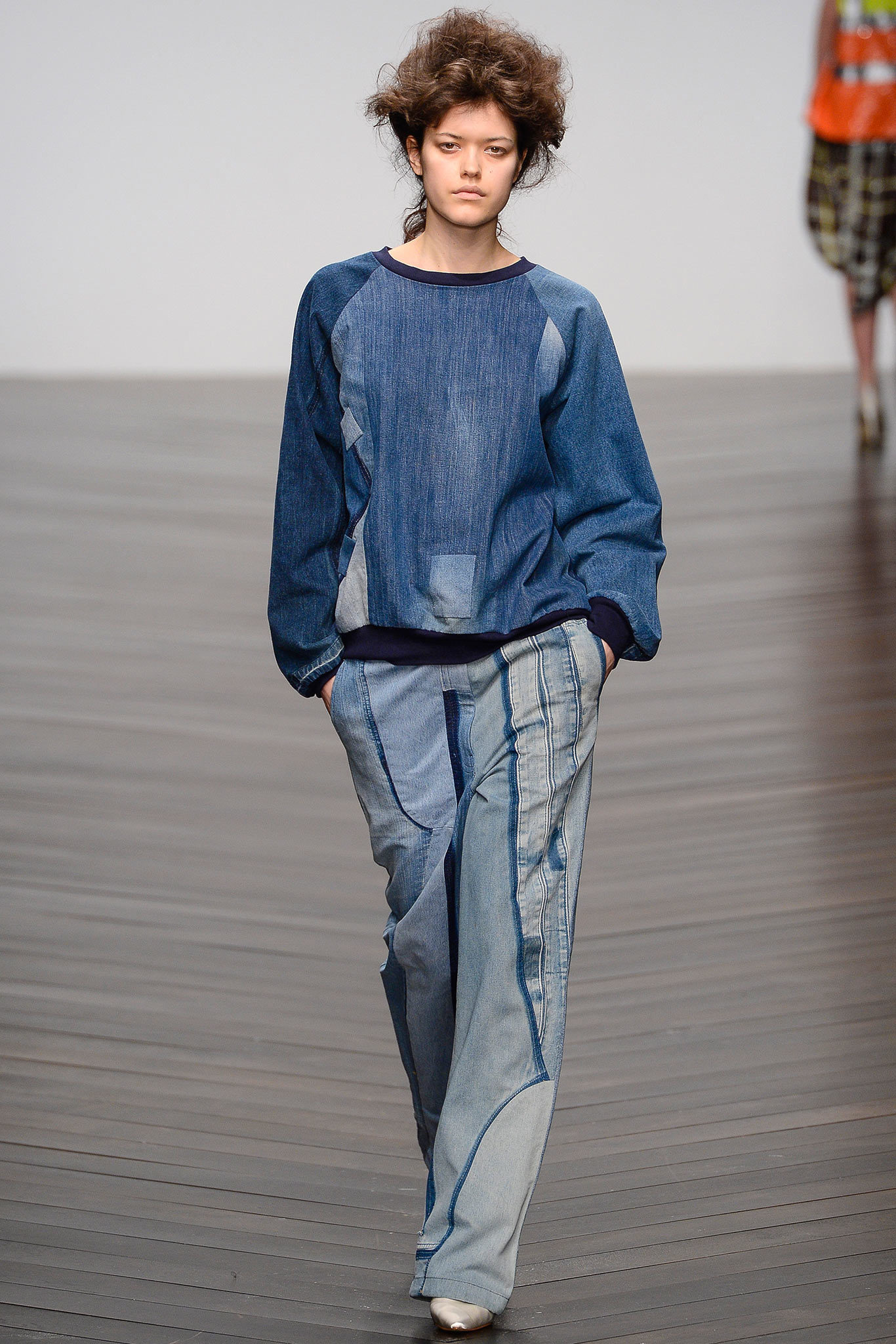 blue denim long-sleeve collared relaxed layered sweater