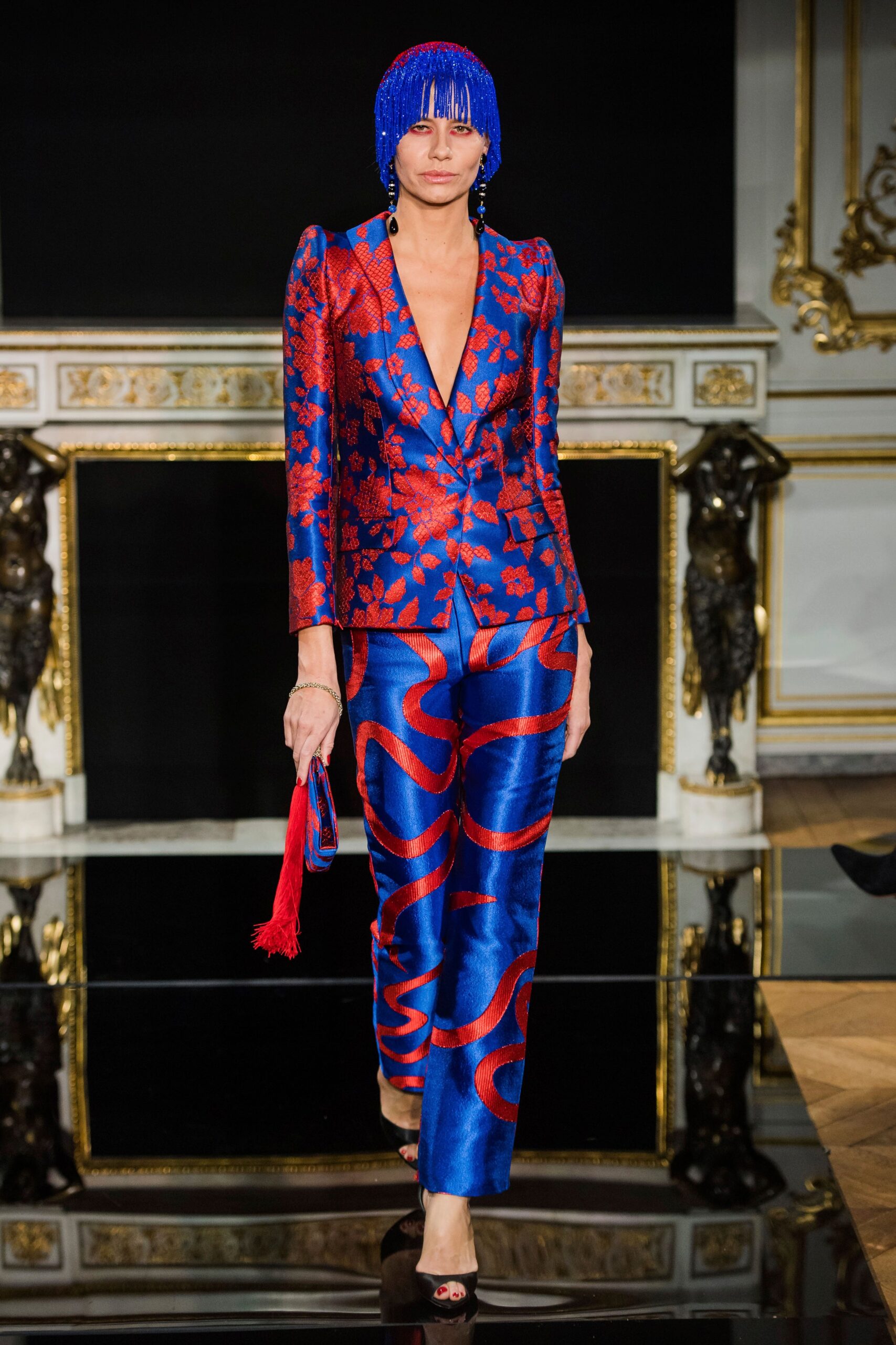 blue silk long-sleeve collared tailored floral printed suit