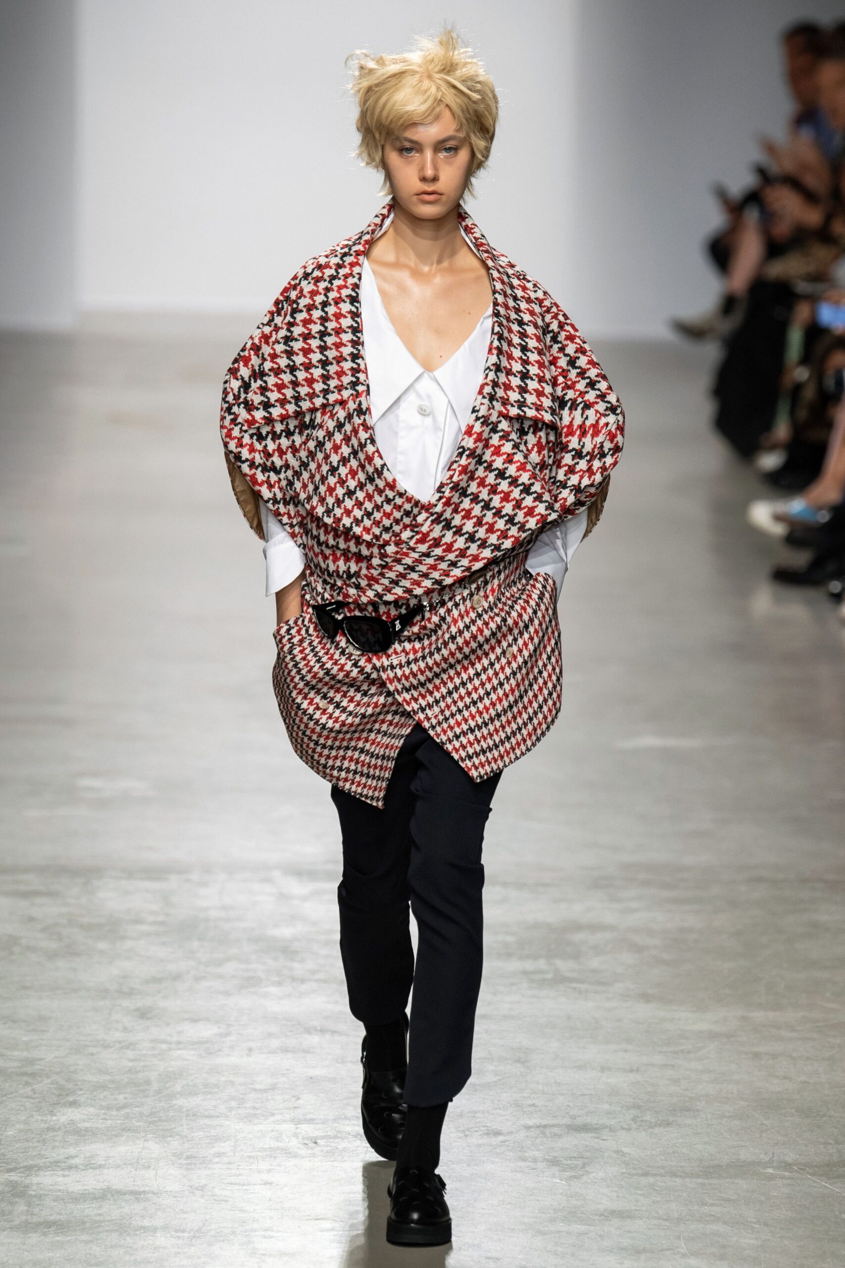 oversized checkered cape with blouse