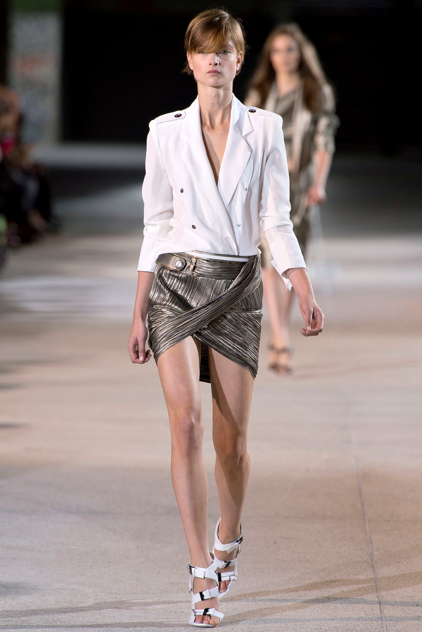 white fitted blazer with metallic mini skirt