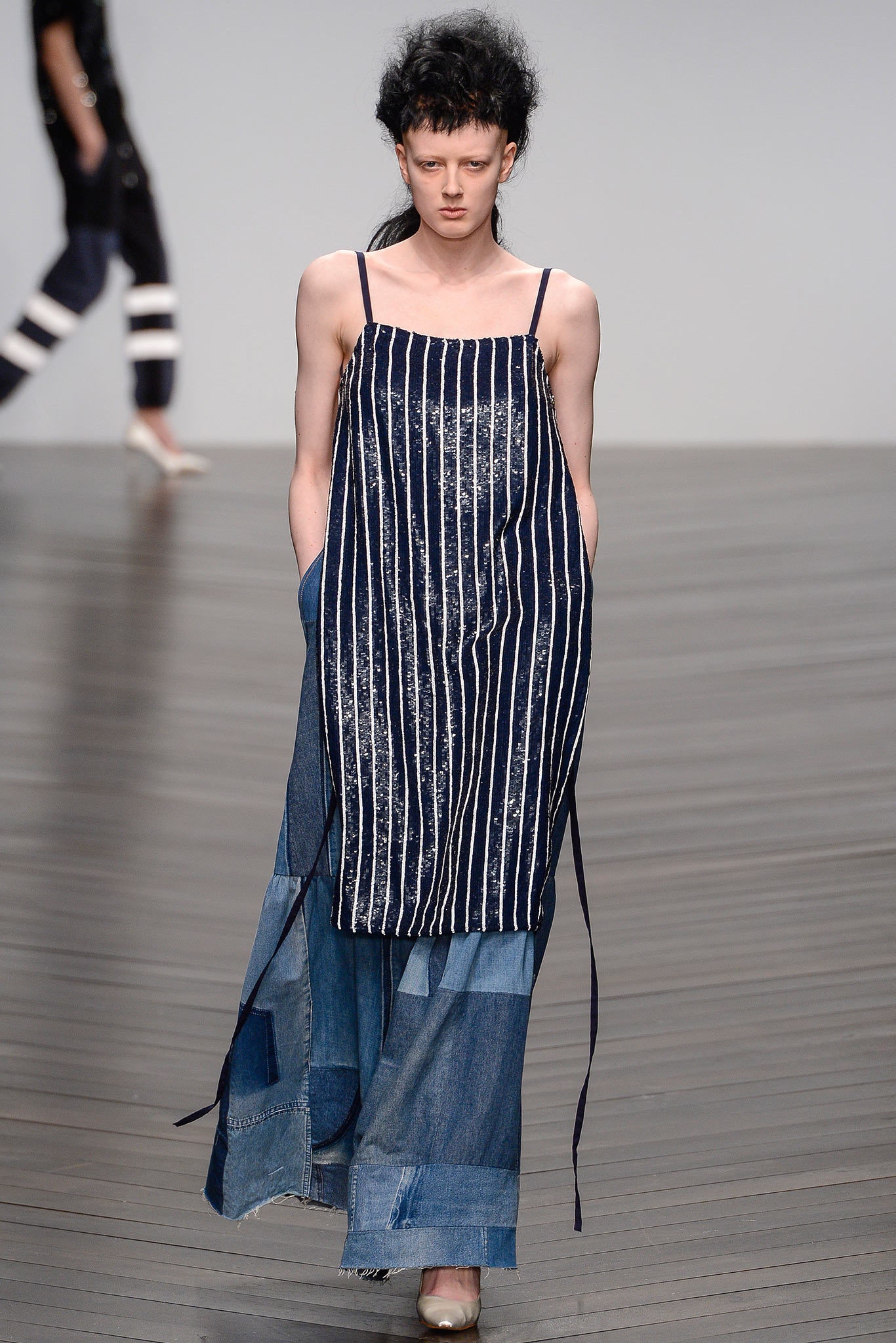 blue denim sleeveless v-neck relaxed striped tiered dress
