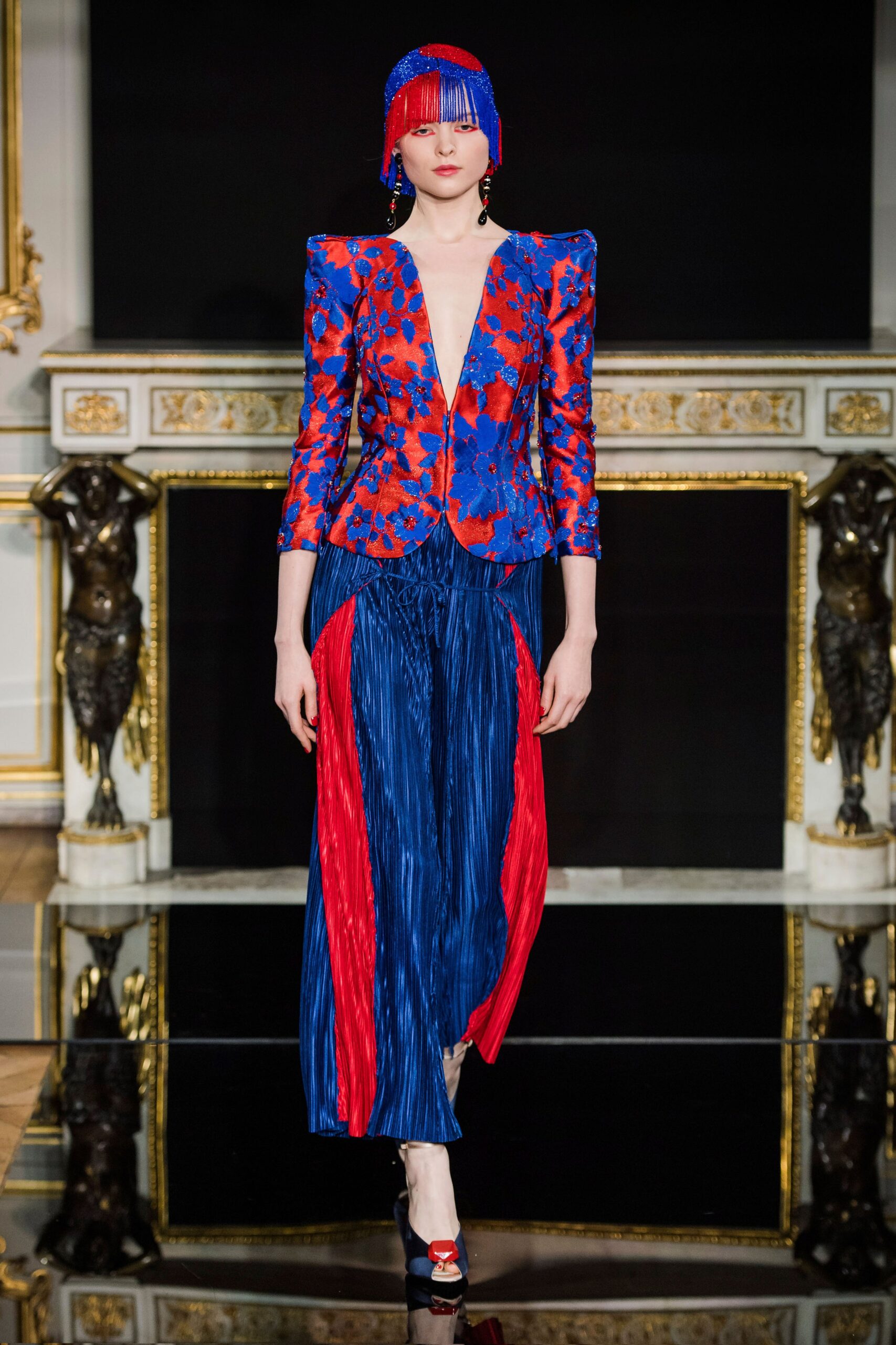 floral tailored blazer and pleated skirt